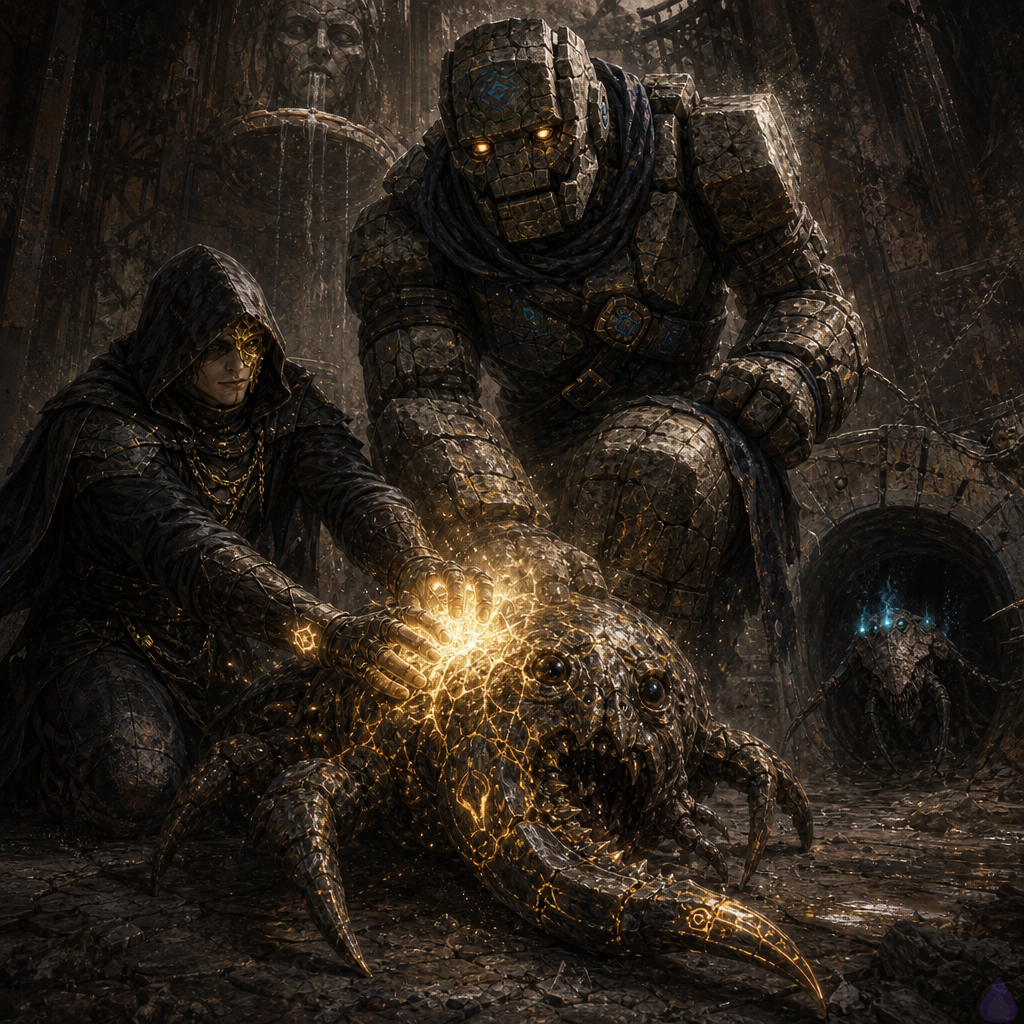 A tense fantasy dungeon service alcove lit by cold blue System panels and warm gold rune-light. A barefoot unclassed delver kneels on cracked slate, scraped palms extended toward a restrained Scrapeclaw creature pinned under a moss-cracked stone golem's knee. The Scrapeclaw has wet gray hide, rusted metal hook limbs fused to flesh, and one forelimb transformed with dark pebble seams and glowing gold runes as Iron merges into it. Brick, the squat sarcastic stone golem with amber eyes, looms protectively with a cracked shield-arm raised. Behind them, in a low maintenance crawlspace, a parasite-worn Scrapeclaw with split spine and black tendrils approaches, its empty sockets burning System-blue. The mood is dangerous, intimate, and urgent, with dust in the air, broken shelves, cracked clay jars, and a dry fountain carved as an eyeless face in the background.