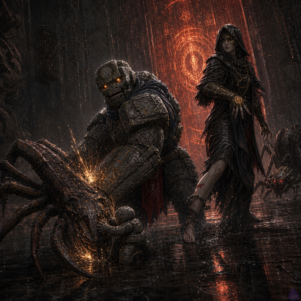 A dark fantasy dungeon Trial Gate lit by blue runes and scarlet System panels. The protagonist stands barefoot on cold black slate with scraped palms and a glowing broken-circle mark under the skin of their wrist, defiant despite pain. Beside them looms Brick, a moss-cracked stone golem with amber eyes and one shield-like forearm cracked from impact. At their feet is Iron, a tiny sentient pebble golem with bright golden pinprick eyes and a fresh rune on its brow, gripping the rusted metal limb of a snarling Scrapeclaw. Three low gray Scrapeclaw monsters with fused hooked iron forelimbs skitter in the wet corridor, one disabled, one pinned, one circling intelligently. Mood tense and heroic, blue rune dust sparkling in the air, wet stone reflections, cinematic lighting, dynamic body language, no explicit gore.