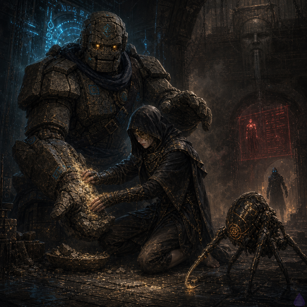 A tense fantasy dungeon service alcove lit by blue-white purge runes in the floor and a dry stone fountain shaped like an eyeless face. The protagonist kneels barefoot on cold slate, hands pressed carefully around a sarcastic moss-cracked stone golem's fractured shield-arm, packing glowing slate dust and gold grit into the crack. Brick, a broad squat stone golem with amber eyes and torn moss in his seams, stands protectively but vulnerably, his damaged arm partly repaired. Beside them crouches Ironclaw Larva, a small monstrous Scrapeclaw with wet gray hide, fused metal hooks, and one limb veined with dark pebbles and warm gold light, guarding the crawlspace. In the background, through smoke and dim blue light, a parasite-worn Scrapeclaw silhouette with blue flame eyes waits beyond the tunnel. Mood: urgent trust, fragile alliance, danger held back for seconds. Cinematic lighting, detailed stone textures, fantasy realism, no nudity.
