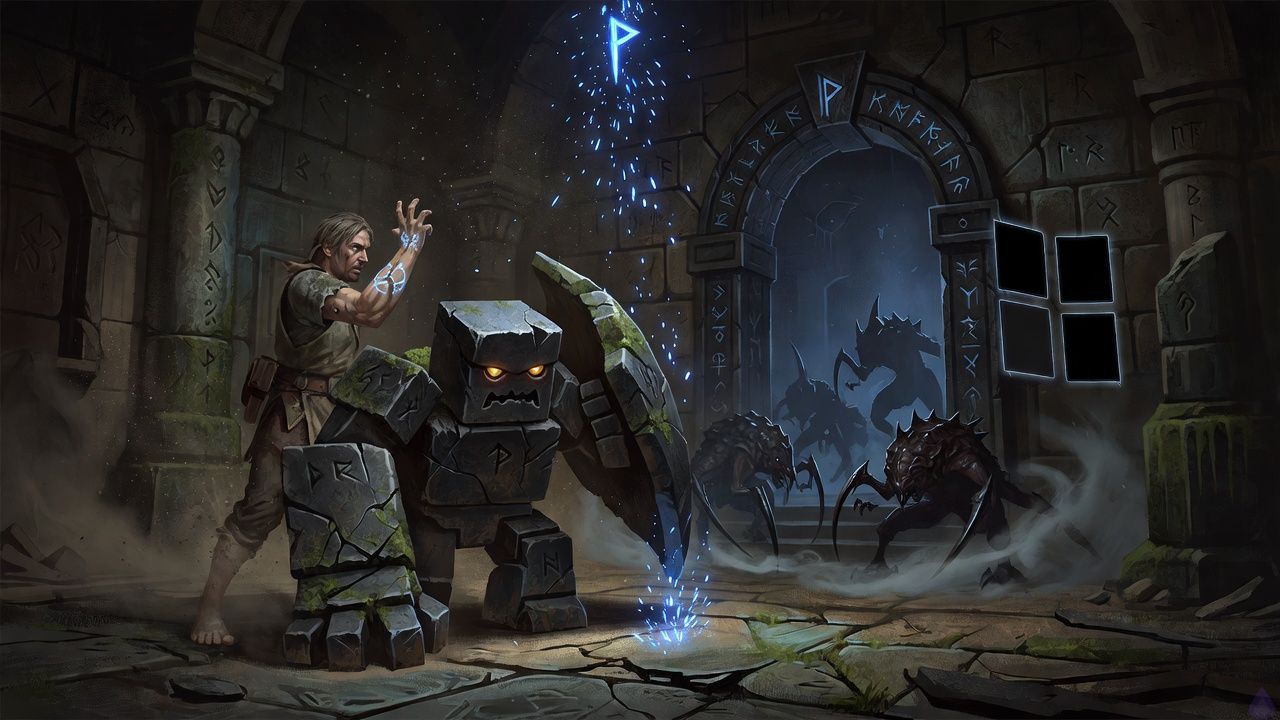 A dark fantasy dungeon chamber of black slate under cold blue magical light. A barefoot amnesiac delver with scraped palms stands before a hovering translucent game-like System screen, their left wrist glowing with a thin broken-circle mark beneath the skin. Beside them, Brick, a squat moss-cracked stone golem with amber glowing eyes, braces himself protectively with one arm shifting into a crude stone shield. Ahead, a rune-carved Trial Gate yawns open into darkness where three low crouched creatures with hooked metal forelimbs and wet shadowed backs prepare to spring. The mood is tense and cinematic, with blue sparks falling from a cracked rune, mist near the floor, harsh rim lighting, and the delver caught between fear, defiance, and sudden understanding.