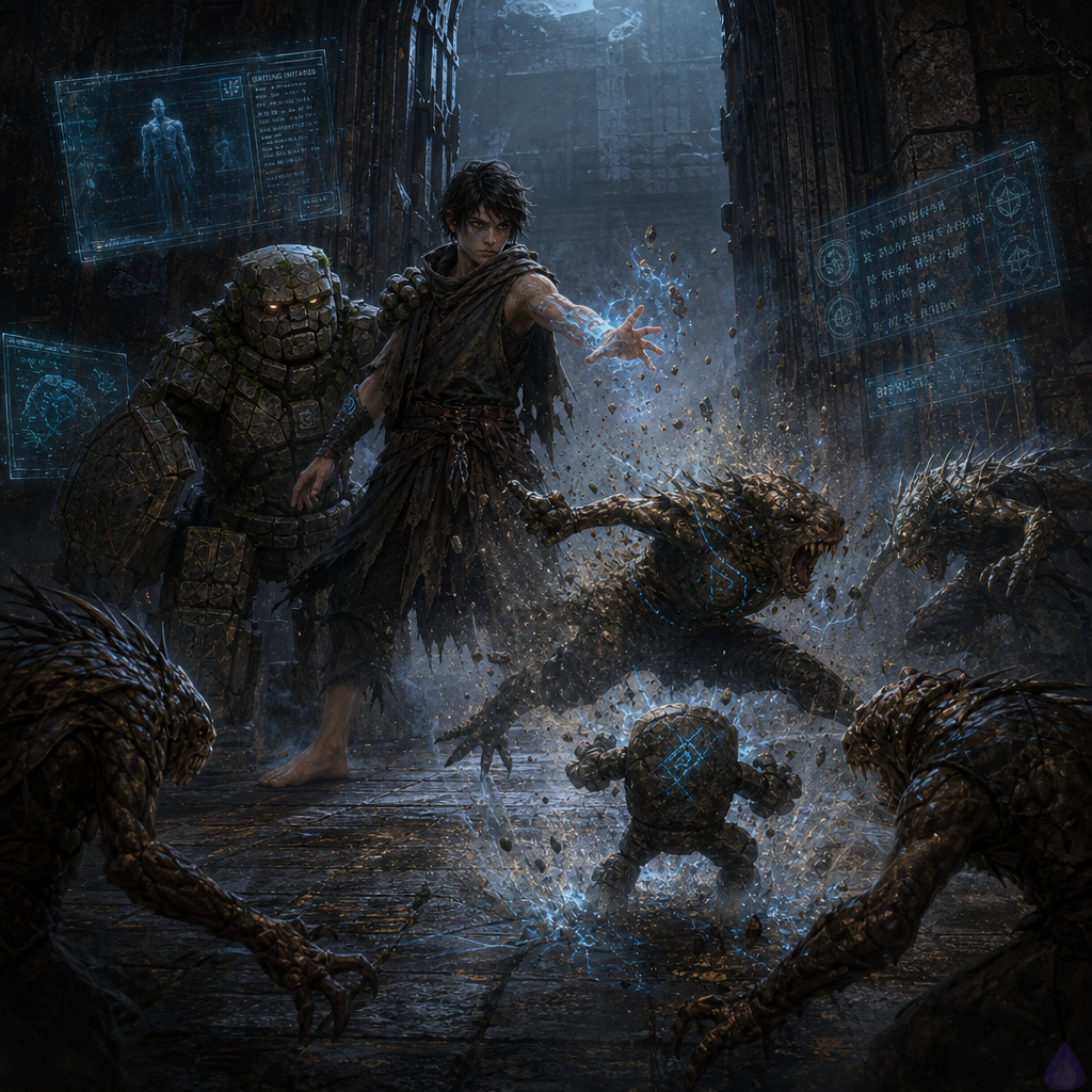 A dark fantasy dungeon Trial Gate scene lit by cold blue runes. A barefoot unclassed adventurer with scraped palms and a glowing broken-circle mark on their wrist stands in the arched threshold, one hand extended after summoning magic. Before them is a tiny lopsided pebble creature, a Gritling, made of rune dust and stone grit with two bright eyes, stamping defiantly. A wet gray Scrapeclaw monster with rusted metal hooks fused into its forelimbs crashes onto the stone floor, its limbs sparking and locked by blue rune dust. Two more Scrapeclaws crouch in the shadowed corridor, spreading to flank. Behind the adventurer looms Brick, a moss-cracked stone golem with amber eyes and a shield-like forearm, stepping back but ready to protect. Mood tense, magical, gritty, cinematic, with floating translucent System panels and blue sparks in the air.