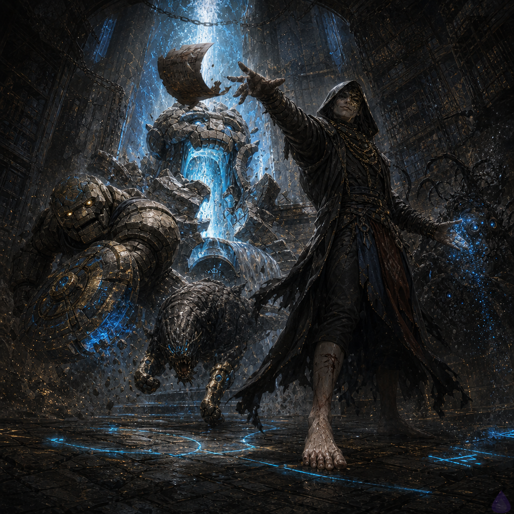 A dramatic fantasy dungeon service alcove lit by blue-white rune fire. The protagonist stands barefoot on cracked black slate, one calf bleeding lightly, holding glowing Rune Salts and a slate map while smiling defiantly at a squat moss-cracked stone golem named Brick. Brick’s massive shield-arm is reinforced with glowing blue and gold seams, his amber eyes amused and protective. Beside him crouches Ironclaw, a small monstrous Scrapeclaw larva with wet gray hide, hooked metal forelimbs, and one pebble-veined limb glowing gold and blue, guarding bravely. Behind them, an eyeless stone fountain blasts cold rune-fire into floor channels while a parasite-worn Scrapeclaw with black tendrils and eerie System-blue eyes pushes through the burning ward. The mood is tense, heroic, and chaotic, with flying dust, sparks, smoke, wet stone, ancient shelves, and the open drainage chute glowing beneath the broken fountain.