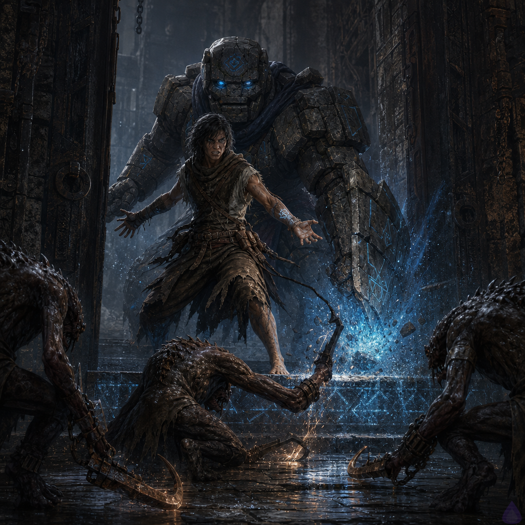 A tense fantasy dungeon threshold scene in cold blue rune-light: a barefoot unclassed adventurer with scraped palms and a glowing broken-circle mark beneath the skin of the left wrist steps just past a massive moss-cracked stone golem named Brick. Brick looms protectively behind with one forearm transformed into overlapping stone shield plates, amber eyes glowing with alarm and reluctant respect. In front of them, three low monstrous Scrapeclaws crouch in a wet stone corridor, slick humped backs, stretched hide, and rusted hooked metal forelimbs scraping sparks from the floor. Blue rune dust glows across the threshold, one creature recoiling as its metal hook smokes and trembles. Mood: dangerous, clever, rising tension. Lighting: dark dungeon shadows, cold blue magical sparks, damp reflective stone. Body language: protagonist daring and focused, Brick braced defensively, monsters predatory but wary.