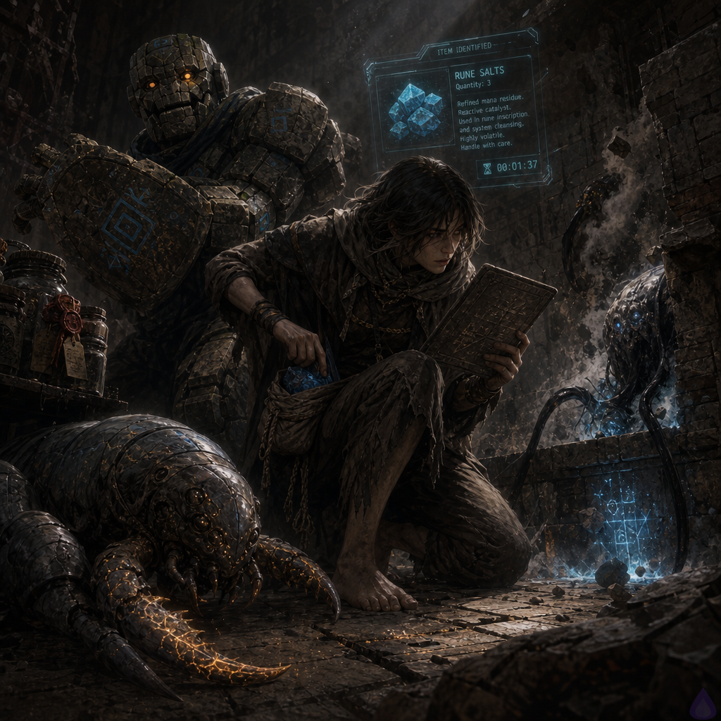 A tense fantasy dungeon service alcove lit by flickering blue-white purge runes. A barefoot unclassed protagonist crouches at broken slate shelves, holding a small cloth bundle of glowing blue Rune Salts and a scratched slate map. Nearby stands Brick, a squat moss-cracked stone golem with a braced, fractured shield-arm raised protectively. In front of him crouches Ironclaw, a strange Scrapeclaw larva with wet gray hide, rusted hooked limbs, and one pebble-veined claw glowing with gold seams, guarding him fiercely. At the crawlspace entrance, a parasite-worn Scrapeclaw with empty sockets burning System-blue pushes black tendrils through smoke and dying rune light. Mood: urgent, claustrophobic, alliances forged under pressure, cold stone, dust, sparks, and supernatural UI panels hovering in the air.
