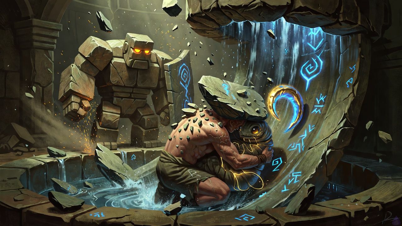 Dark fantasy cinematic scene inside a circular underground Brace Well basin beneath a dungeon tutorial floor. The protagonist, barefoot and bruised with a glowing broken-circle mark on the wrist, crouches protectively over a small mutated Ironclaw larva with wet gray hide, a pebble-veined hooked limb glowing gold and blue, shielding it from falling slate debris in a slick stone chute opening into knee-deep mineral water. A large moss-cracked stone golem named Brick stands nearby with a reinforced shield-arm, amber eyes glowing, body language protective and solemn. Blue rune channels spiral along wet stone walls toward a cracked central pillar and bowl. The mood is tense but hopeful, with cold blue magical lighting, drifting stone dust, splashing water, and emotional focus on protection, responsibility, and unlikely alliance. No explicit nudity, no sexual content.