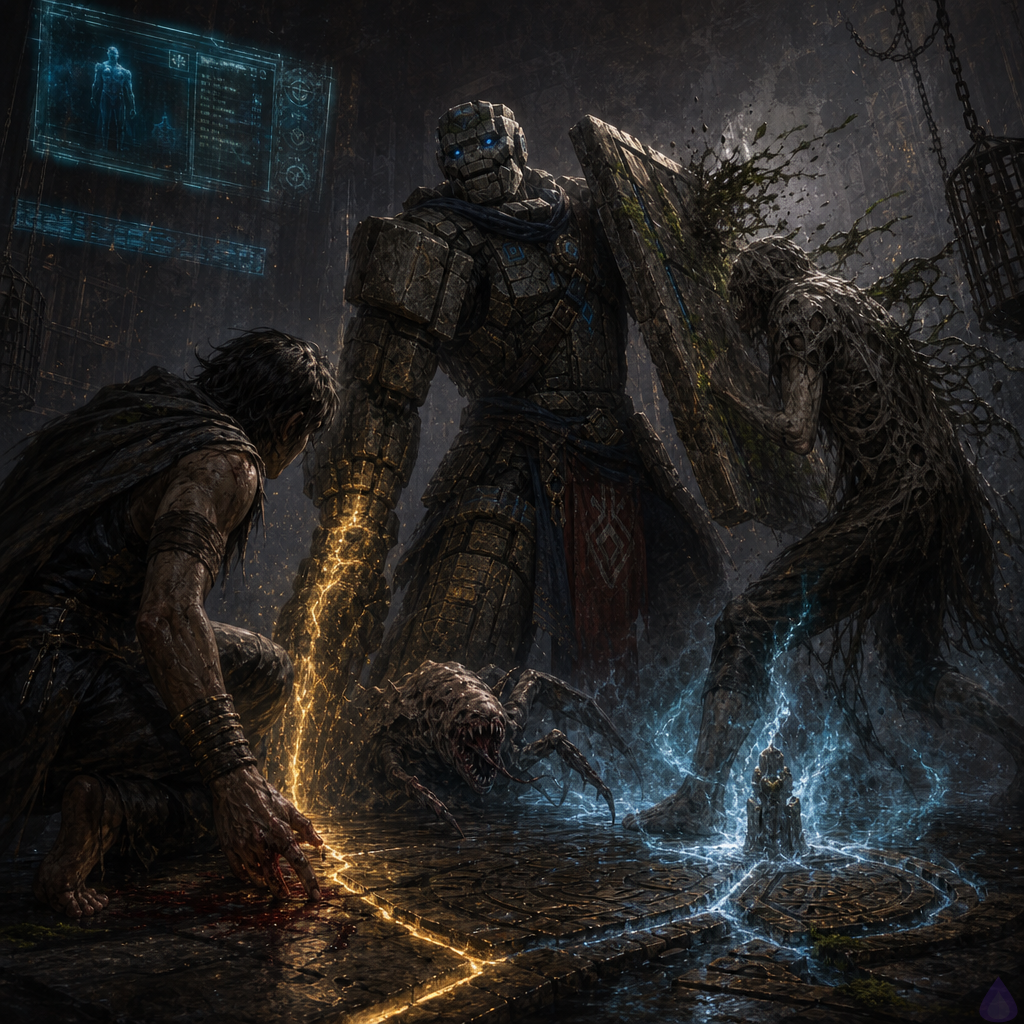 Dark fantasy dungeon service alcove lit by glowing blue-white purge runes running across wet black slate. A barefoot unclassed adventurer kneels with a bleeding palm pressed against the pebble-veined hooked limb of Ironclaw, a small monstrous larva with Scrapeclaw features, wet gray hide, rusted metal claws, and gold-lit pebble seams in one forelimb. Ironclaw stands protectively at the adventurer's side, drawing a boundary line in the stone. Brick, a squat moss-cracked stone golem with amber eyes and a cracked shield-arm, braces against a parasite-possessed Scrapeclaw emerging from a low crawlspace. The parasite has empty sockets burning System-blue and black tendrils from its split spine recoiling from rune-fire. Mood tense, defiant, emotional bond forming amid danger, cinematic lighting, cold mist, gritty stone textures, no explicit nudity.