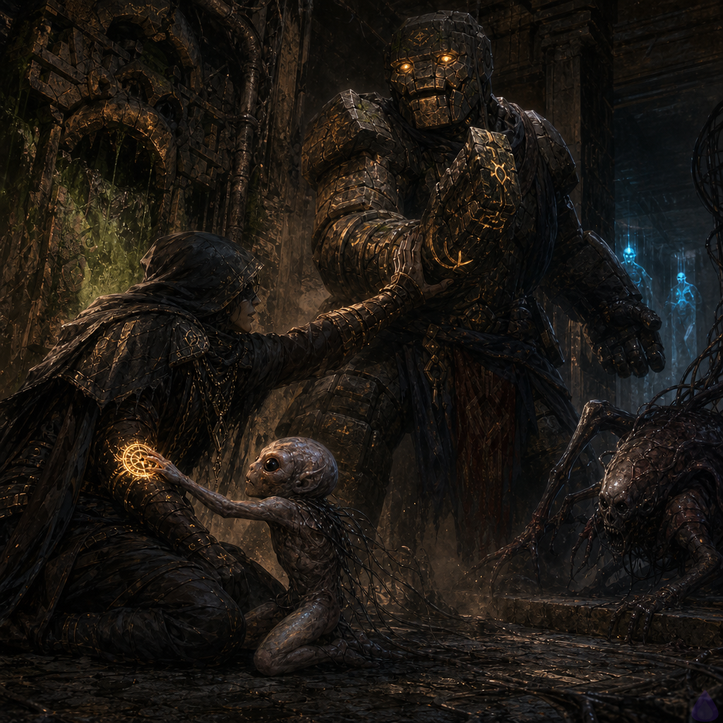 A tense fantasy dungeon service alcove lit by blue System glow and gold rune light. The protagonist kneels on cold slate with scraped bare feet and a bleeding calf, one hand pressed palm-to-hook against a small monstrous Scrapeclaw larva whose fused metal forelimb is veined with dark pebbles and warm gold seams. The larva looks frightened and feral but connected, crouched close to the protagonist. A moss-cracked stone golem named Brick stands protectively between them and a low maintenance crawl, his cracked shield-arm raised. In the crawlspace, a parasite-worn Scrapeclaw with split spine, black tendrils, and two eerie blue flame eyes emerges. Behind the protagonist is an eyeless stone fountain stained black-green with faint hidden runes glowing beneath grime. Mood: urgent, emotional responsibility, dangerous bond, cold stone, dust, rune haze, cinematic fantasy lighting.