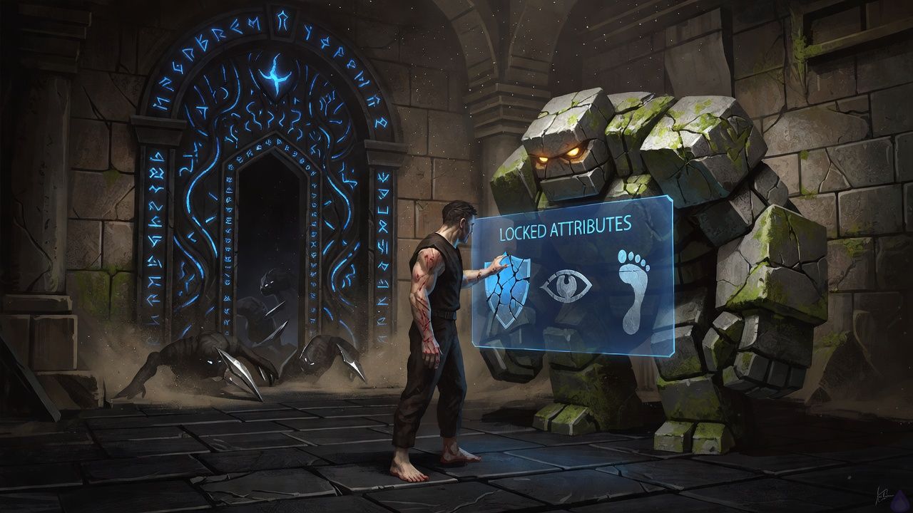 A dark fantasy dungeon chamber of black slate lit by a translucent blue character creation screen. The protagonist is barefoot on cold stone with scraped palms, standing cautiously before floating stat panels and three glowing class sigils. A squat moss-cracked stone golem named Brick stands protectively between the protagonist and a shadowy Trial Gate, amber eyes glowing, broad stone body angled toward danger. Blue runes crawl along the gate arch, and faint metal-tipped shapes scrape in the darkness beyond. Mood tense and mysterious, cold blue lighting, drifting dust, wet stone, rising danger, cinematic fantasy composition.