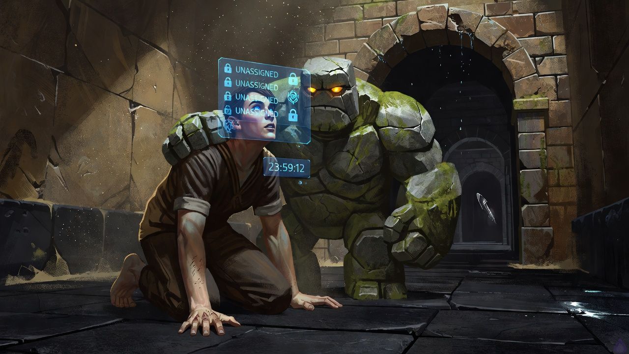 A dark fantasy dungeon awakening scene on cold black slate. The protagonist is barefoot and kneeling on the stone floor, scraped palms visible, staring up at a translucent blue character creation screen floating inches from their face. A squat, broad-shouldered stone golem named Brick stands nearby, moss in the cracks of his rocky arms, amber glowing eyes, protective but sarcastic posture as he blocks a shadowy archway. The dungeon corridor beyond descends into darkness with faint metallic glints and mist. Blue UI light illuminates the protagonist's anxious face and Brick's weathered stone body. Mood is tense, mysterious, and game-like, with cinematic low lighting, dripping water, ancient carved walls, and a visible countdown timer reading 23:59:12.