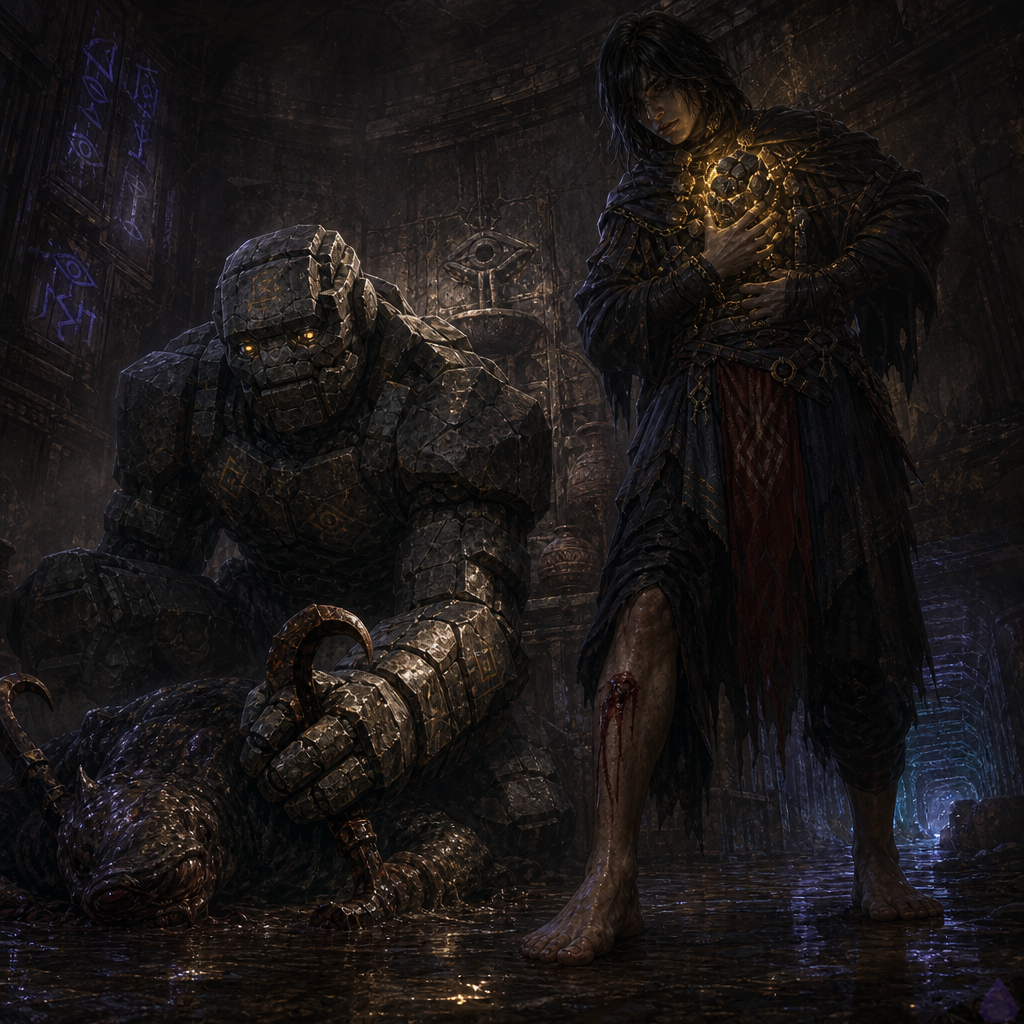 A tense fantasy dungeon service alcove lit by dim violet-blue rune glow. A cracked mossy stone golem named Brick kneels with one massive stone knee pinning a wounded Scrapeclaw creature, its fused rusted metal hook-limbs restrained and scraping the floor. In the foreground, the barefoot protagonist stands injured but determined, calf cut visible through torn fabric, holding both hands close to their chest where a fragmented living pebble summon named Iron glows with tiny gold eyes and gold seams among dark stone shards. Behind them, a low crawl tunnel recedes into darkness with eerie System-blue light and the suggestion of a parasite-worn monster pursuing. The mood is urgent, gritty, and claustrophobic, with wet stone, broken slate shelves, cracked clay jars, and a dry eyeless fountain in the background. Body language shows Brick protective and strained, the protagonist exhausted but resolute, Iron fragile yet alive.