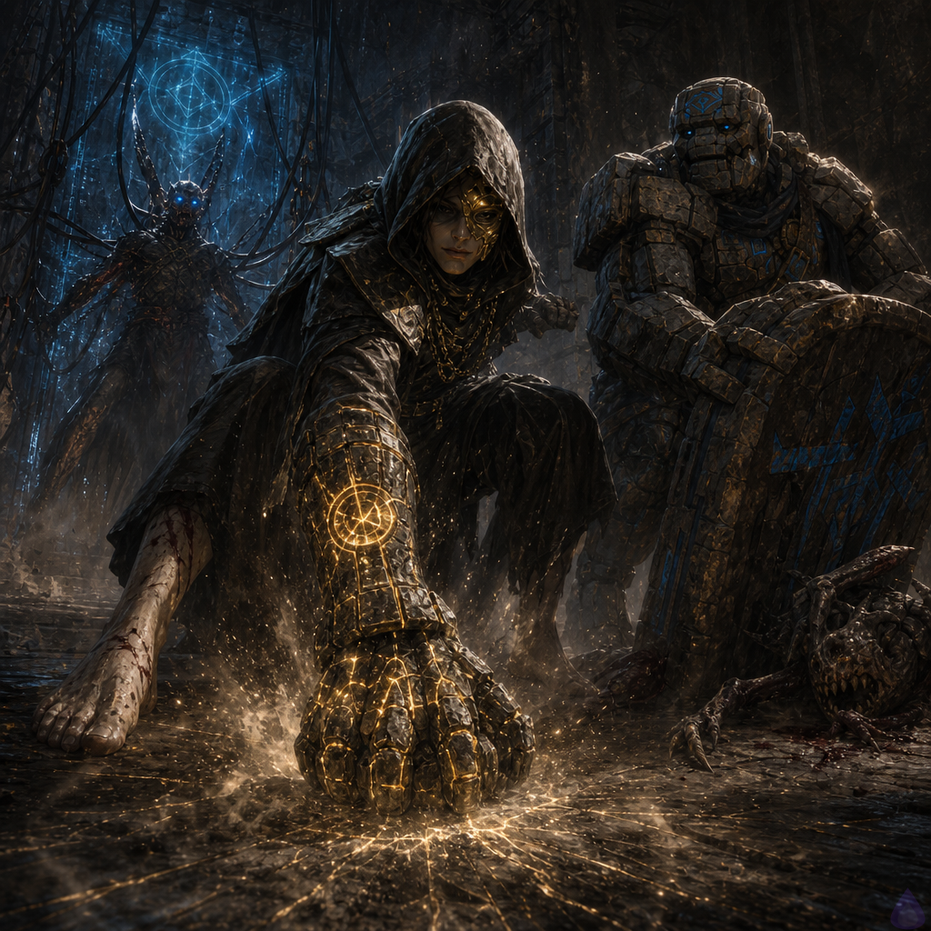 A dark fantasy dungeon Trial Gate chamber lit by fading blue runes. The protagonist stands barefoot on black slate with a bleeding calf and a scraped glowing wrist mark, one hand transformed into a crude gauntlet of dark pebbles and glowing gold seams as rune dust swirls around it. A tiny sentient gritling named Iron is partially merged into the stone gauntlet, represented by a coal-bright golden eye and pebble fragments embedded in the hand. A moss-cracked stone golem named Brick looms beside the protagonist, shield-arm pinning a hooked Scrapeclaw monster to the floor. At the blue-lit gate, another Scrapeclaw rises unnaturally as black tendrils split from its back and drain glowing runes, its empty eye sockets burning System-blue. Mood tense and heroic, cold wet stone, sparks, dust, cinematic action, no explicit gore.
