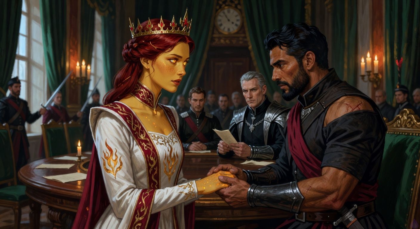 A dramatic fantasy-romance council chamber scene in a palace East Gallery at midnight. Queen Seraphine Valdane, a slender regal woman in her mid-twenties with pale warm gold skin, faint glowing ember freckles, molten amber-gold eyes, and deep auburn-red hair in a mid-back coronation braid threaded with thin gold filaments, stands in an ivory-and-crimson gown with gold flame motifs and a delicate red-gold crown. She openly holds hands with Cassian Vehl, a broad muscular war-marshal in his late twenties with warm sienna brown skin, close-cropped black hair, short black beard, dark brown eyes, a burn scar rising over one shoulder and partly up his neck, wearing dark fitted leather armor, polished steel bracers, a weathered crimson sash, and sword belt. Cassian holds a folded strip of vellum evidence in his free hand while facing a crescent table of tense noble lords and ladies. Lord Regent Aldric Morrow stands nearby in an immaculate black-and-silver high-collared coat with silver-grey swept-back hair, pale ivory skin, sharp storm-grey eyes, tailored gloves, and a ceremonial dagger, looking controlled but newly afraid. Captain Ilyra and palace soldiers guard the open doors with drawn blades. Candlelight flares gold and blue, frost melts into steam on tall windows, painted saints loom above, the floor reflects firelight, atmosphere tense, romantic defiance, political danger, PG-13 cinematic composition.
