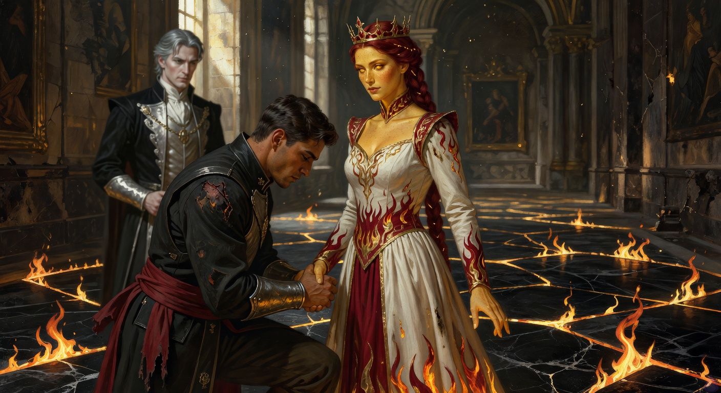 A dramatic PG-13 fantasy romance scene in a scorched royal East Gallery at the end of a magical firestorm. Queen Seraphine Valdane stands at the center in a singed ivory-and-crimson gown with gold flame motifs and a delicate red-gold spired crown, deep auburn-red coronation braid threaded with gold, molten amber-gold eyes, pale warm gold skin with glowing ember-like freckles. Golden Heartfire light streams downward through glowing cracks in the black marble floor, no longer destroying but restoring, with smoke, ash, melted wax, broken council chairs, and shattered windows opening to snowy night outside. Cassian Vehl stands nearby, broad and muscular in a dark marshal's uniform with fitted leather armor, weathered crimson sash burned at one end, steel bracers, warm sienna brown skin, close-cropped black hair, short beard, dark brown eyes, old burn scar up one shoulder and neck, his posture guilty and respectful as he faces the queen without touching her. Lord Regent Aldric Morrow is being arrested by palace soldiers and Captain Ilyra, his immaculate black-and-silver regent coat scorched, silver-grey hair disordered, sharp grey eyes furious. Lady Veyne holds a smoke-dark vellum proof to her chest. Mood: triumphant but wounded, romantic tension unresolved, sovereign power restored. Lighting: intense gold and crimson from beneath the floor, cool blue winter light through broken windows, drifting sparks and ash in the air. Cinematic composition, high detail, painterly realism, emotional faces, no explicit nudity, no gore.