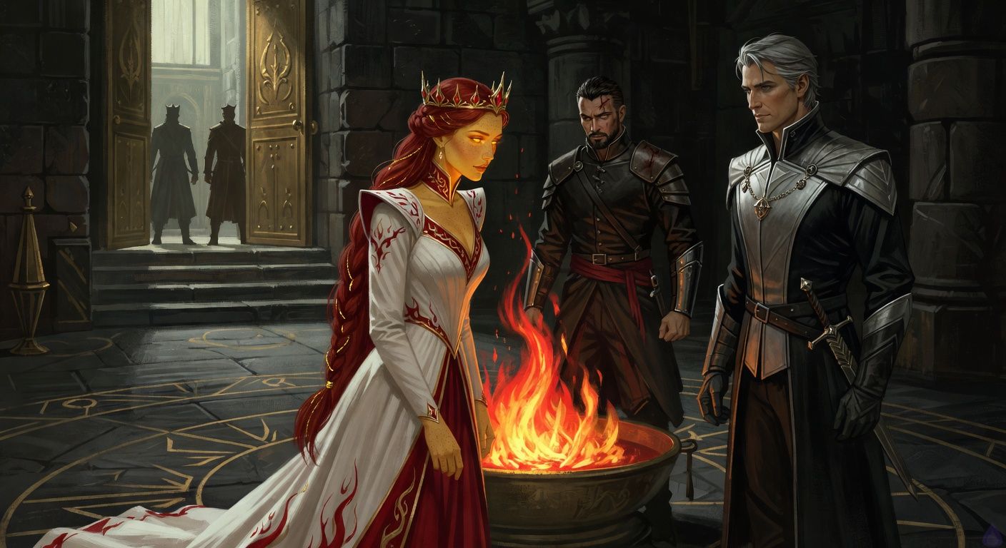 A cinematic fantasy-romance scene in an ancient palace vault beneath a winter kingdom. Queen Seraphine Valdane stands before a bronze basin holding the dim but suddenly rising Heartfire, gold-red flames casting dramatic light across black stone walls. She is a regal young woman with pale warm gold skin, ember-like freckles, molten amber-gold eyes, and deep auburn-red hair in a mid-back coronation braid threaded with thin gold filaments. She wears an ivory-and-crimson queen's gown with structured shoulders, a high embroidered collar, gold flame motifs, and a delicate crown of red-gold spires. Her hands glow faintly beneath the skin as emotion stirs her fire-blood. Across from her stands Lord Regent Aldric Morrow, a lean older man with cold pale ivory skin, swept-back silver-grey hair, sharp storm-grey eyes, an immaculate black-and-silver regent's coat, tailored gloves, House Morrow signet chain, and a ceremonial dagger at his hip. He stands calm and calculating at the edge of a ritual circle, while two shadowy guards wait above the open bronze doors. Mood tense, romantic political intrigue, low firelight, long shadows, restrained menace, PG-13, richly detailed, painterly realism.
