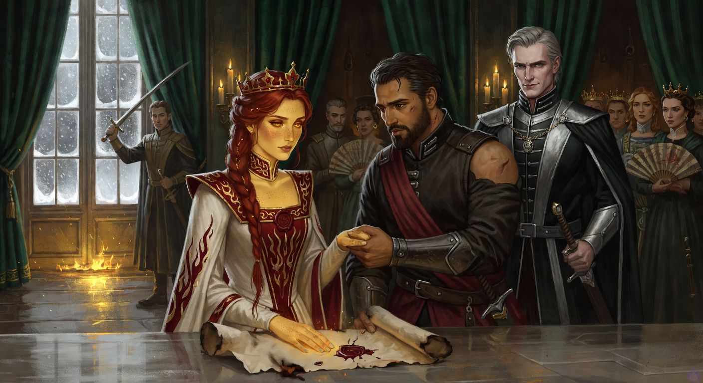 A tense fantasy royal council chamber at midnight, the East Gallery lit by candles and cold moonlight through tall frosted windows. Queen Seraphine Valdane stands at the polished council table in an ivory-and-crimson gown with gold flame motifs and a delicate red-gold crown, deep auburn braid threaded with gold, molten amber eyes, pale warm gold skin with glowing ember freckles. Her glowing palm pins a smoking vellum document to the table. Cassian Vehl, a broad warm brown skinned war-marshal in dark leather armor, crimson sash, steel bracers, close-cropped black hair, short beard, and an old burn scar up his neck, stands close but not touching her, grief and guilt in his eyes. Lord Regent Aldric Morrow, lean and pale in an immaculate black-and-silver coat with silver-grey swept hair and sharp grey eyes, watches coldly from beyond them. Captain Ilyra stands at the doors with blade raised, nobles around the crescent table look shocked and fearful. Mood of betrayal, political danger, and restrained romance; gold firelight glows from beneath the doors as the Heartfire trembles below.