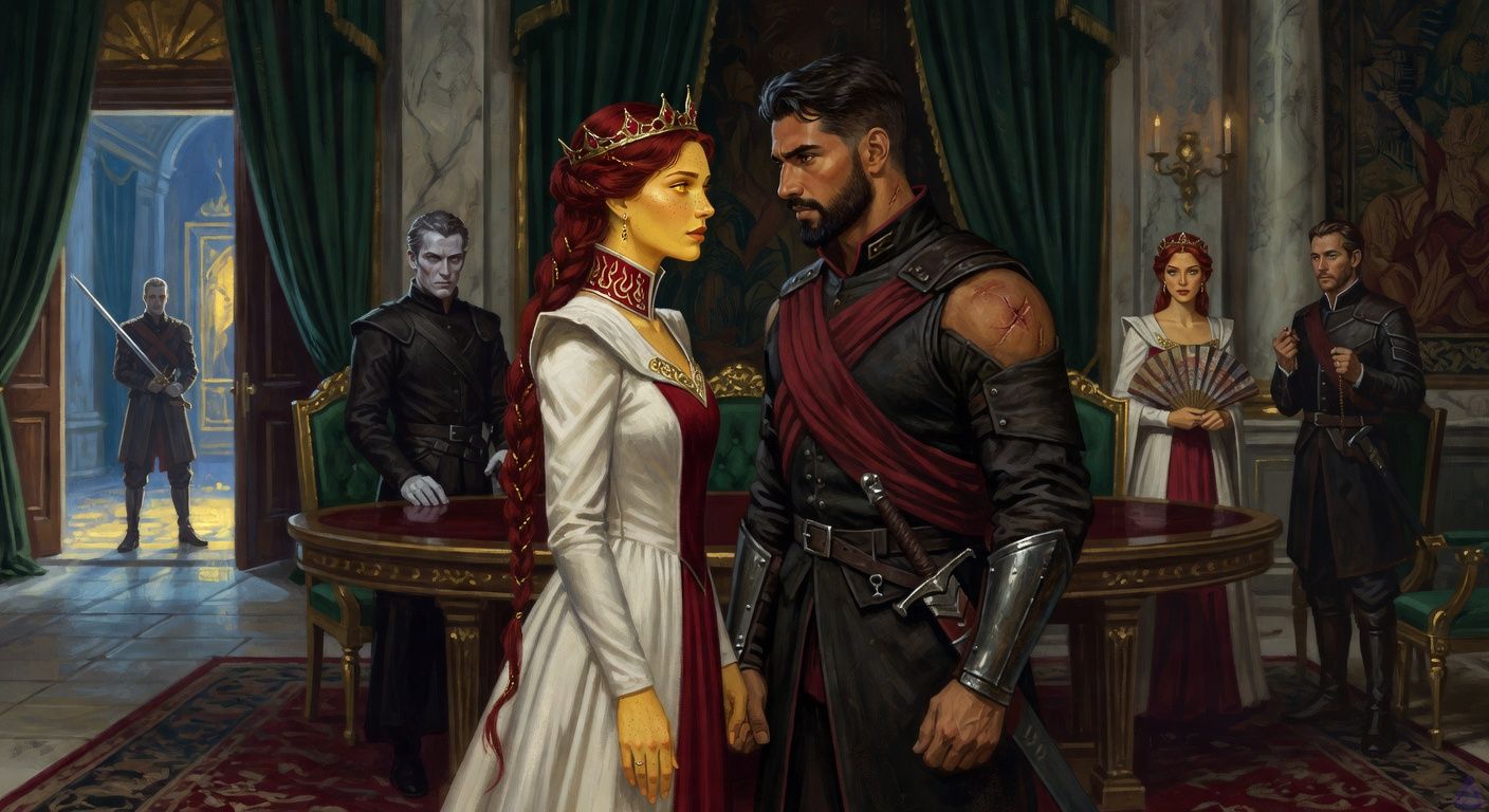 A tense PG-13 fantasy-romance council chamber scene in the East Gallery of a royal palace at midnight. Queen Seraphine Valdane, a slender regal young woman with pale warm gold skin, ember-like freckles, molten amber-gold eyes, and deep auburn-red hair in a loose coronation braid threaded with gold, stands in an ivory-and-crimson gown with glowing hands after letting go of Cassian's hand. Cassian Vehl, a broad muscular war-marshal with warm sienna brown skin, close-cropped black hair, short black beard, dark brown eyes, and an old burn scar climbing his neck, stands near her in dark leather armor with a crimson sash, his empty hand partly curled, face stricken with guilt. Lord Regent Aldric Morrow, pale and angular with swept-back silver-grey hair and sharp grey eyes, watches coldly from behind a crescent council table in an immaculate black-and-silver coat. Lady Veyne stands alert with a closed fan, Captain Ilyra guards the open doors with a drawn sword, and winter lords sit in alarm. Candle flames bend toward Seraphine, frost melts on tall windows, gold-blue light from the failing Heartfire glows under the doors. Mood: betrayal, political danger, restrained heartbreak, rising magical heat, cinematic dramatic lighting.