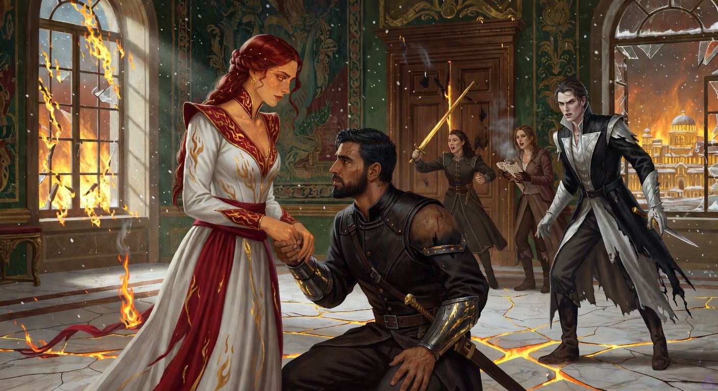 A dramatic PG-13 fantasy romance court scene inside a burning royal East Gallery. Queen Seraphine Valdane stands at the center of a white-gold Heartfire storm, pale warm gold skin glowing with ember-like freckles, molten amber-gold eyes blazing, deep auburn-red hair in a loose coronation braid threaded with gold, wearing an ivory-and-crimson queen's gown with flame motifs and a delicate red-gold crown. The marble floor beneath her glows with branching amber cracks. Cassian Vehl kneels near her in a dark marshal's uniform with leather armor, weathered crimson sash partly singed, steel bracers, warm sienna brown skin, close-cropped black hair, short beard, old burn scar visible up his neck; he grips Lord Regent Aldric Morrow's wrist to stop a dagger attack while looking up at Seraphine with grief and devotion. Aldric is a lean older man with cold pale skin, swept-back silver-grey hair, sharp grey eyes, immaculate black-and-silver regent coat, frightened and furious as his dagger falls. Captain Ilyra guards the doors with blade raised, Lady Veyne holds smoking evidence vellum. Broken molten windows reveal a snowing capital lit gold by fire. Mood: climactic, tragic, romantic tension, betrayal and power, cinematic lighting, no gore, no explicit nudity.
