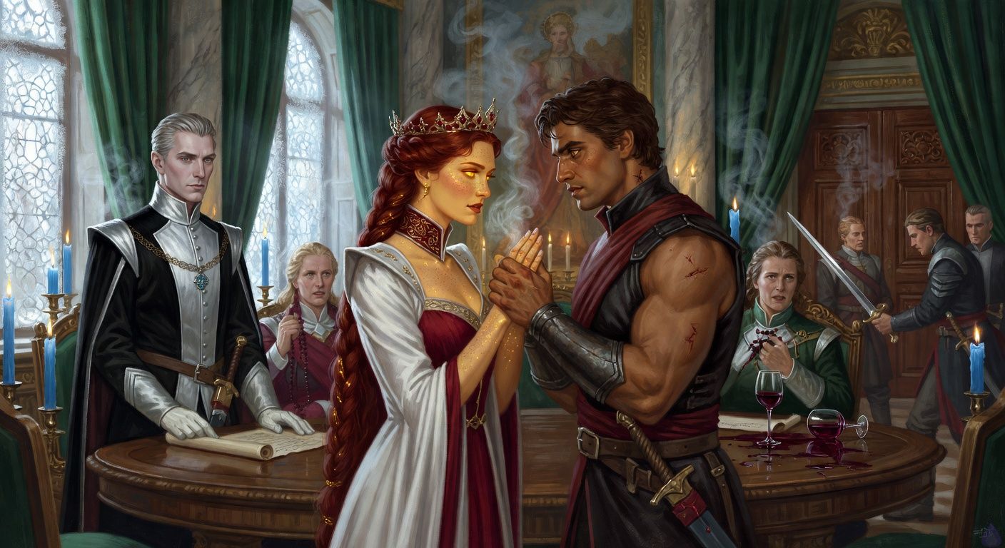 A dramatic PG-13 fantasy romance courtroom scene in a candlelit palace gallery at midnight. Queen Seraphine Valdane, a slender regal young woman with pale warm gold skin, glowing ember-like freckles on her hands, molten amber-gold eyes, and deep auburn-red hair in a mid-back coronation braid threaded with thin gold filaments, stands in an ivory-and-crimson queen's gown with gold flame motifs and a delicate crown of red-gold spires. She openly holds hands with Cassian Vehl, a broad muscular war-marshal with warm sienna brown skin, close-cropped black hair, short black beard, dark brown eyes, and an old burn scar visible up one side of his neck above his dark marshal's uniform, fitted leather armor, crimson sash, steel bracers, and sword belt. Their fingers are interlaced in defiance, their body language intimate but resolute. Around them, shocked noble lords and ladies sit at a crescent council table with sealed parchments and spilled red wine. Lord Regent Aldric Morrow stands nearby in an immaculate black-and-silver coat, silver-grey swept-back hair, pale ivory skin, sharp grey eyes, and a cold calculating stare. Palace soldiers and Morrow guards face each other with drawn swords near carved oak doors. Candles flare blue-white, frost melts into steam on tall windows, painted saints loom on the walls, and the mood is tense, romantic, and politically explosive.