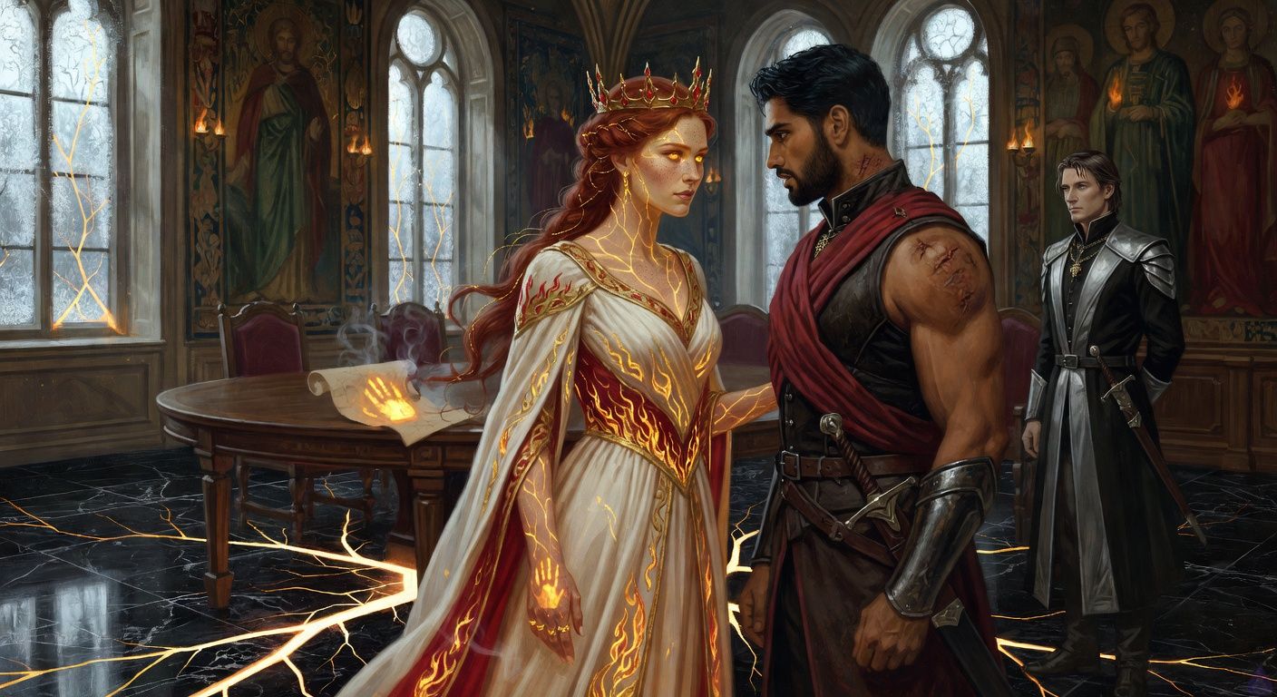 A dramatic fantasy-romance council chamber scene inside a royal palace at midnight. Queen Seraphine Valdane stands at the center of the East Gallery, slender and regal, pale warm gold skin covered in glowing ember-like freckles, molten amber-gold eyes blazing, deep auburn-red hair in a loose coronation braid threaded with thin gold filaments, wearing an ivory-and-crimson queen's gown with gold flame motifs and a delicate red-gold crown. Her body glows with Heartfire, and amber-gold veins of light spread through the black marble palace floor and up the walls, illuminating painted saints and melting frost on tall windows. Cassian Vehl, a broad muscular war-marshal with warm sienna brown skin, close-cropped black hair, short black beard, dark brown eyes, old burn scar up his neck, dark marshal uniform, leather armor, crimson sash, steel bracers, stands close to her with open empty hands, anguished but steady. Lord Regent Aldric Morrow, lean pale man with swept-back silver-grey hair, sharp storm-grey eyes, immaculate black-and-silver coat and gloves, stands near the council table with one hand beginning to draw a ceremonial dagger. Captain Ilyra holds a raised sword at the doors. Lady Veyne stands tense beside the table. The mood is tense, luminous, romantic betrayal mixed with political danger, PG-13, cinematic lighting, no gore, no nudity.