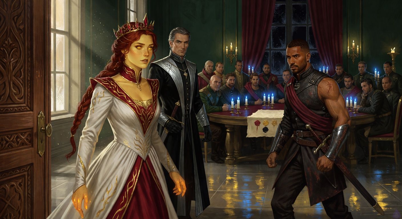 A dramatic fantasy-romance palace council scene in the East Gallery at midnight. Queen Seraphine Valdane strides through open carved oak doors into a candlelit gallery, wearing an ivory-and-crimson gown with structured shoulders, gold flame motifs, and a delicate crown of red-gold spires. Her deep auburn-red coronation braid is threaded with thin gold filaments, her molten amber-gold eyes fixed on Cassian. Faint ember freckles glow across her hands and collarbones, and warm firelight shimmers around her wrists. Cassian Vehl stands at the far end of a crescent council table in a dark marshal's uniform with fitted leather armor, weathered crimson sash, polished steel bracers, and sword belt. He has warm sienna brown skin, close-cropped black hair, short black beard, dark brown eyes, and a broad soldier's frame, with guards too close behind him. Lord Regent Aldric Morrow stands in the doorway behind Seraphine in an immaculate black-and-silver regent's coat, silver-grey swept-back hair, sharp grey eyes, gloved hand on a chair, watching coldly. Twelve nobles sit tense around the table; a parchment with wax seals lies before Cassian. The mood is charged, romantic, political, and dangerous. Candle flames gutter blue, frost melts on tall black windows, polished floor reflecting gold and crimson light. PG-13, cinematic, richly detailed, no nudity, no gore.