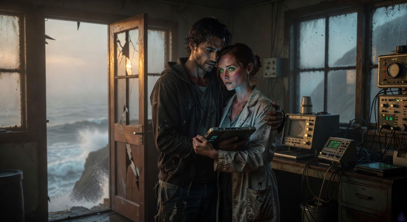 Cinematic close-up in a dimly lit cliffside lab at dawn, fog pressing against grimy windows. Protagonist, exhausted tech nerd with disheveled hair and wet clothes, holds auburn-haired Dr. Elara Voss intimately close as she leans against him, her face flushed with post-fever relief, veins faintly glowing blue under pale skin, eyes locked in passionate sensual gaze of shared triumph and romantic tension. Waves crash outside through cracked door, soft golden dawn light filtering in, casting intimate shadows on their intertwined forms embracing amid humming lab equipment, mood of breathless victory and looming danger, tasteful cinematic romance framing with emotional intensity.