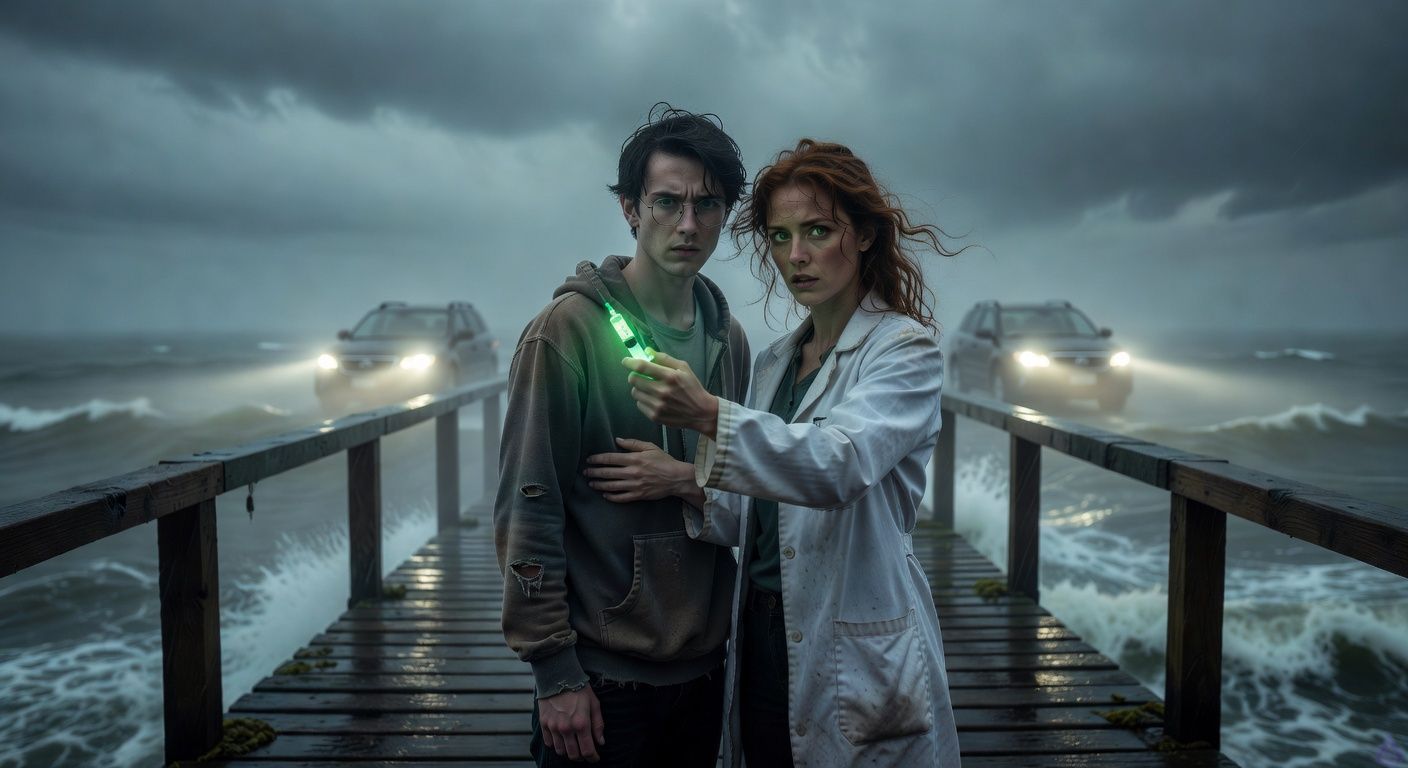 Cinematic night scene on a foggy old wooden pier extending into crashing ocean waves under stormy skies, dramatic low-angle shot of a socially awkward young tech nerd in rumpled hoodie embracing a sharp-witted woman with wild auburn hair and lab coat, her arm extended with a glowing green syringe in hand, intense sensual gaze locked between them, his hand steadying her elbow intimately, mist swirling around their intertwined forms, headlights piercing the fog from approaching black SUVs in the background, moody blue-green lighting with volumetric god rays from the vial's eerie glow, high tension romantic thriller atmosphere, passionate determination on their faces, rain-slicked wood and turbulent sea evoking urgency and forbidden connection.