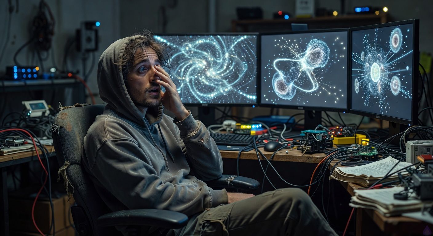 Cinematic close-up of a young male tech nerd in a dimly lit Silicon Valley garage lab at night, bathed in cool blue glow from triple computer monitors displaying swirling quantum algorithms and glowing cancer cell simulations unraveling. He leans back in a worn office chair, wide-eyed with awe and exhaustion, messy hair, stubbled jaw, wearing a faded hoodie amid cluttered workbenches with cables and gadgets. Tension in his posture, one hand rubbing eyes, screens reflecting determination on his face. Moody atmosphere, dramatic chiaroscuro lighting, high-tech cyberpunk vibe with sparks of digital magic.