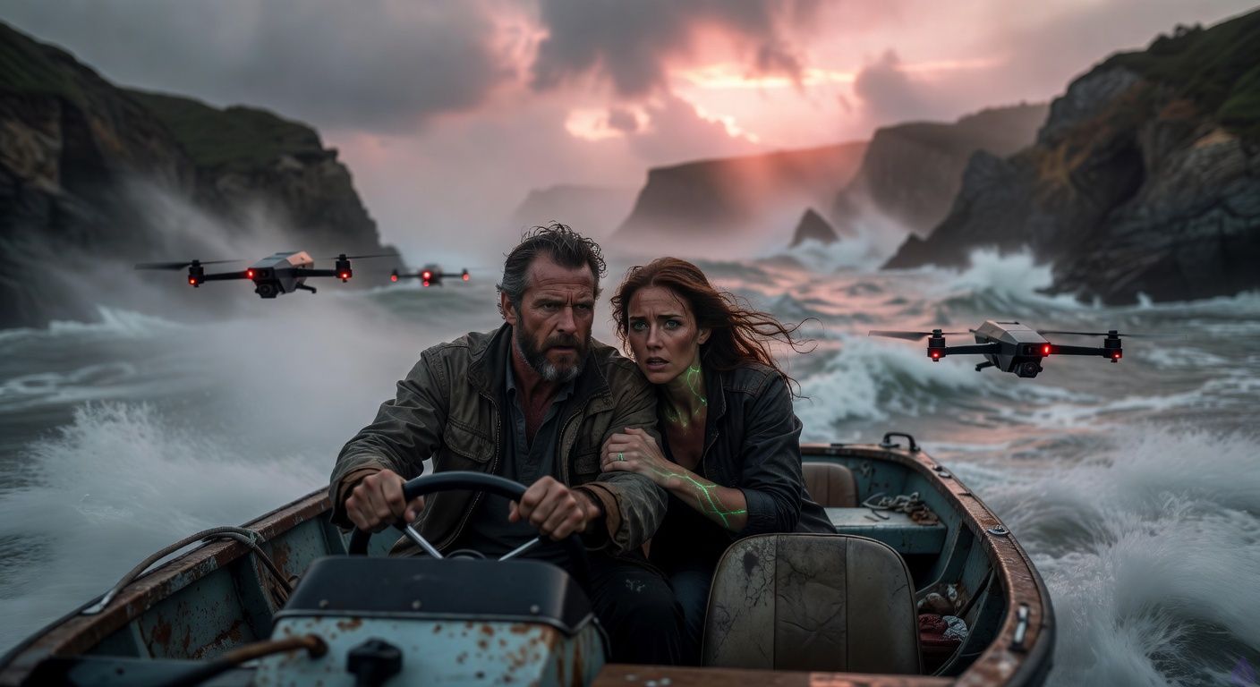 Cinematic dawn on a stormy Pacific cove, small speedboat surging through massive waves and thick fog, protagonist gripping the wheel with intense determination, auburn-haired woman (Elara) leaning into him intimately with feverish expression, her hand on his arm, emerald glow faintly from her veins suggesting inner power, black drones pursuing from behind with red sensor lights piercing mist, dramatic pink-orange sunrise lighting cliffs and spray, tense romantic tension, high-contrast film noir style with dynamic motion blur on waves, emotionally charged alliance in peril.