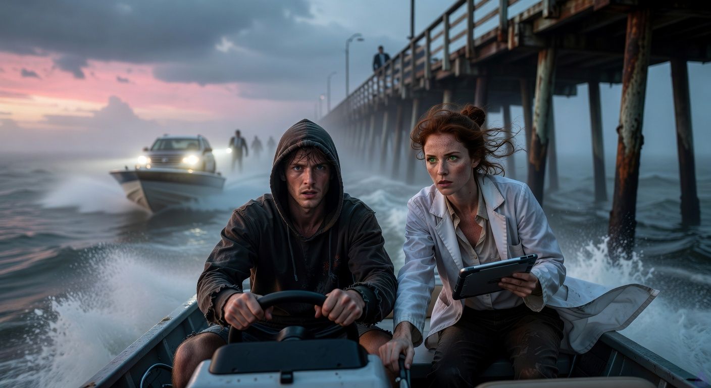 Cinematic night scene on a stormy ocean pier at dawn, foggy mist swirling around a small speedboat surging away from rusted wooden pilings battered by crashing waves. Protagonist, a disheveled tech nerd in soaked hoodie, grips the throttle intensely, muscles tensed, eyes wide with adrenaline. Beside him, Dr. Elara Voss with wild auburn hair whipping in the wind, leans into him passionately, her hand clutching his thigh, face flushed with feverish determination, lab coat billowing. Harsh SUV headlights pierce the fog from the pier, shadowy suited figures pursuing. Moody blue-gray tones with pink dawn light breaking, dramatic spray and foam, intense romantic tension and high-stakes escape vibe, intimate framing like a thriller romance film poster.