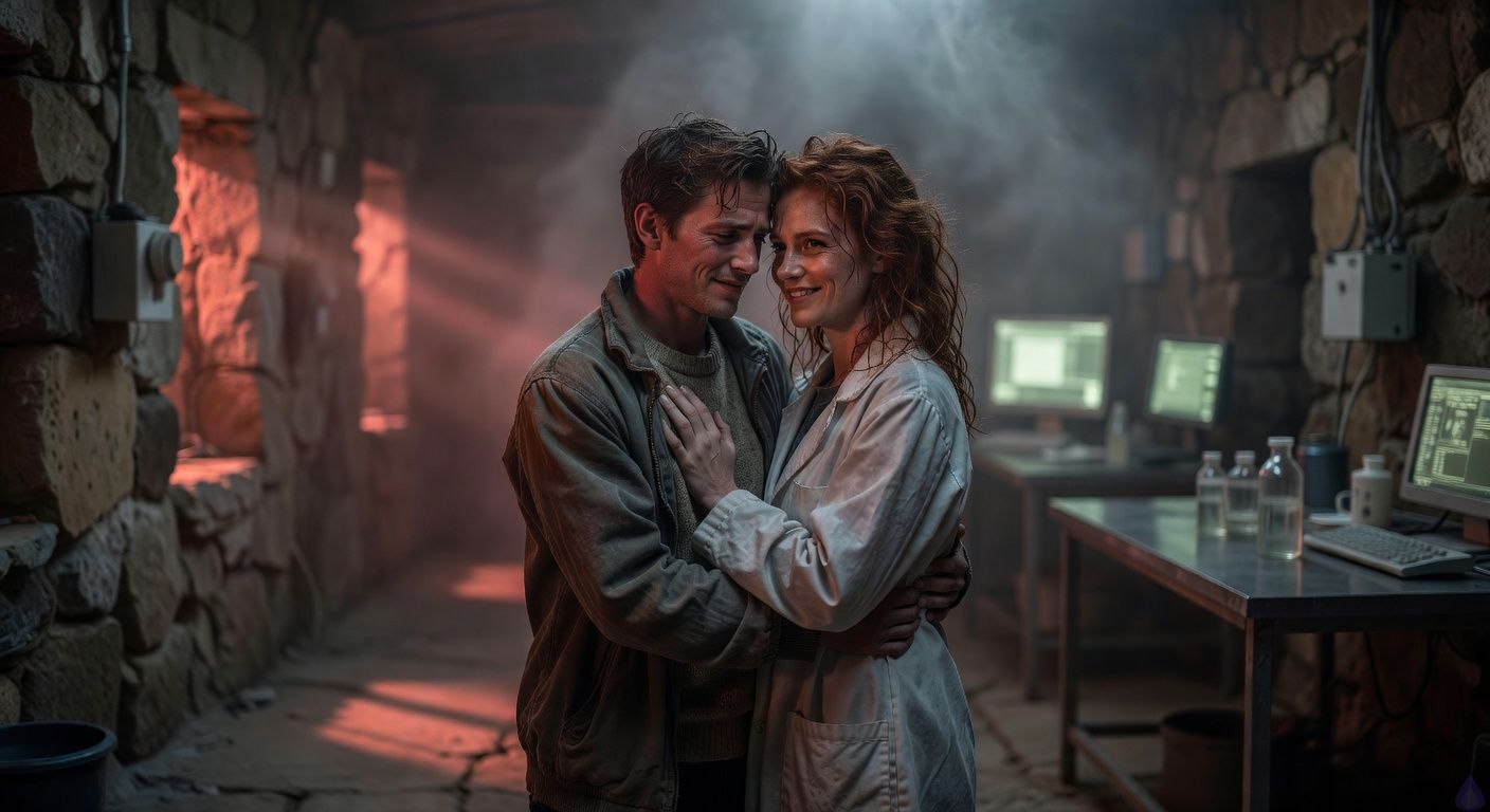 Cinematic close-up in a dimly lit cliffside lab at dawn, red golden light streaming through cracked stone walls, illuminating a socially awkward tech nerd protagonist embracing a sharp-witted woman with wild auburn hair, her lab coat open and damp from sea spray, their faces inches apart in a passionate moment of triumph, her hand on his chest over his heart, intense eye contact with sensual gaze and shared relief, fog and salt mist in the air, glowing green screens and empty vials on steel counters in soft focus background, moody romantic tension like a thriller film still, intimate body language with arms wrapped tightly, dramatic lighting casting warm shadows on their exhausted but exhilarated expressions.