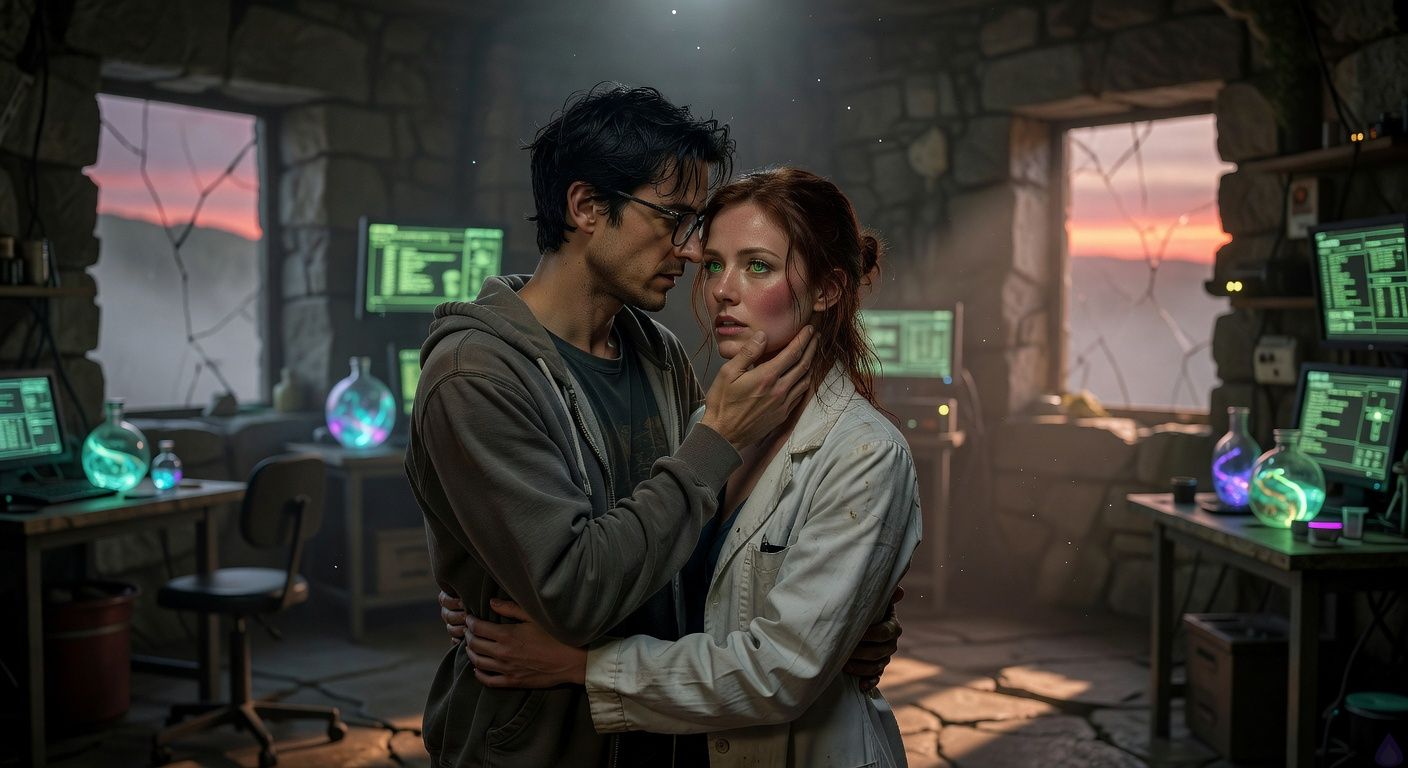 Cinematic close-up in a dimly lit cliffside lab at dawn, moody and intimate: a socially awkward tech nerd protagonist embraces Dr. Elara Voss, her auburn hair damp and tousled, falling softly over his shoulder; her face flushed with relief and romantic tension, eyes locked in a sensual gaze of shared triumph and desire, lips parted close; his hand gently cradles her jaw, bodies intertwined in a tender, protective hold amid glowing quantum vials and flickering green screens; fog and red dawn light filter through cracked stone windows, casting warm golden hues and dramatic shadows, evoking passionate alliance in a high-stakes hideout, romantic film style like a thriller romance poster, tasteful and emotional.