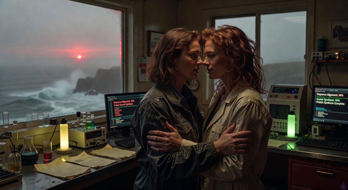 Cinematic close-up in a dimly lit cliffside lab at dawn: a socially awkward tech nerd and sharp-witted biotech researcher with wild auburn hair embrace intimately amid glowing vials and humming screens, their faces inches apart with sensual gazes and tender touches, fog-shrouded ocean crashing outside through a narrow window, dramatic red dawn light filtering in casting warm glows and long shadows on their rain-slicked clothes, mood of tense romantic passion and triumphant relief, tasteful and evocative like a thriller romance film still.
