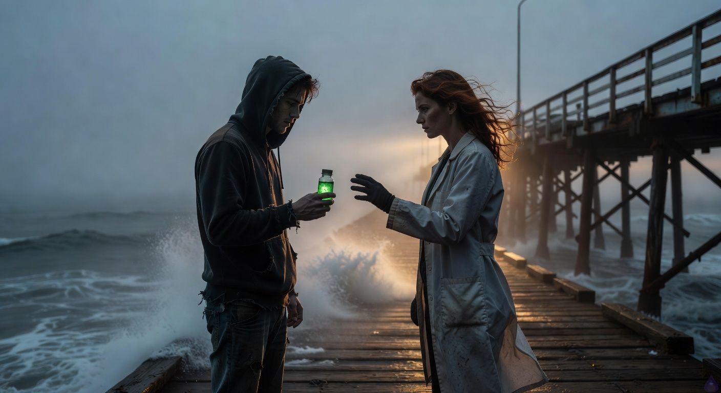 Cinematic wide shot on a foggy old pier at dawn, Silicon Valley coast, two figures in tense intimate proximity: a disheveled exhausted young male tech nerd in hoodie and jeans clutching a glowing green vial, facing a sharp-witted woman with wild auburn hair in a whipping lab coat, her gloved hand extended sensually close to his, eyes locked in intense admiration and romantic tension, moody blue-gray fog swirling around iron pier struts, crashing ocean waves below with foam spray misting upward, dramatic low golden dawn light piercing the haze casting long shadows, atmosphere of high-stakes alliance and budding passion, film noir romance style with volumetric god rays.