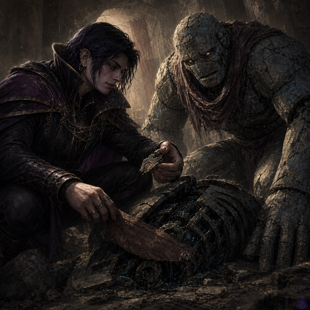 A tense fantasy dungeon scene inside a narrow stone corridor lit by broken blue system glow and faint reflected sparks. The protagonist, a half-elf half-orc with an athletic build, crouches beside a smashed mechanical sentinel with a sharpened crow-bar in hand, searching the wreckage. Brick, a cracked stone golem with a massive sturdy frame, kneels nearby guarding the corridor opening. The sentinel lies in pieces with exposed iron ribs, gears, black oil, and a small brass shard visible in the wreckage. Mood is wary, investigative, and claustrophobic. Cold damp stone walls, dust in the air, dim blue interface light, subtle tension between the protagonist and Brick, both alert and focused, no gore, no nudity.