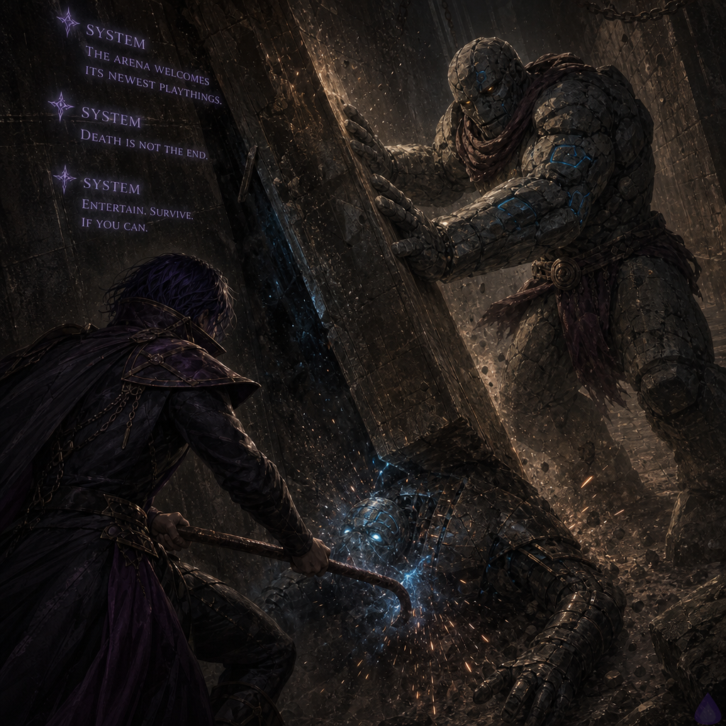 A tense fantasy dungeon scene on a narrow underground landing, lit by cold blue system light and scattered sparks. The protagonist, a half-elf half-orc with an athletic build, grips a sharpened crow-bar and is pressing hard into a shattered stone seam beside Brick, a cracked stone golem with a broad, rugged body and a stern, sarcastic expression. The opened wall reveals a cramped mechanical passage with a disabled iron sentinel creature crushed half in the gap, black oil and faint blue sparks spilling from broken joints. Dust hangs in the air. Brick braces the slab with both stone hands, while the protagonist leans forward with determined intensity. The mood is dangerous, cooperative, and claustrophobic, with the unseen Warden implied by a cold, ominous glow from a fractured translucent system interface hovering nearby.