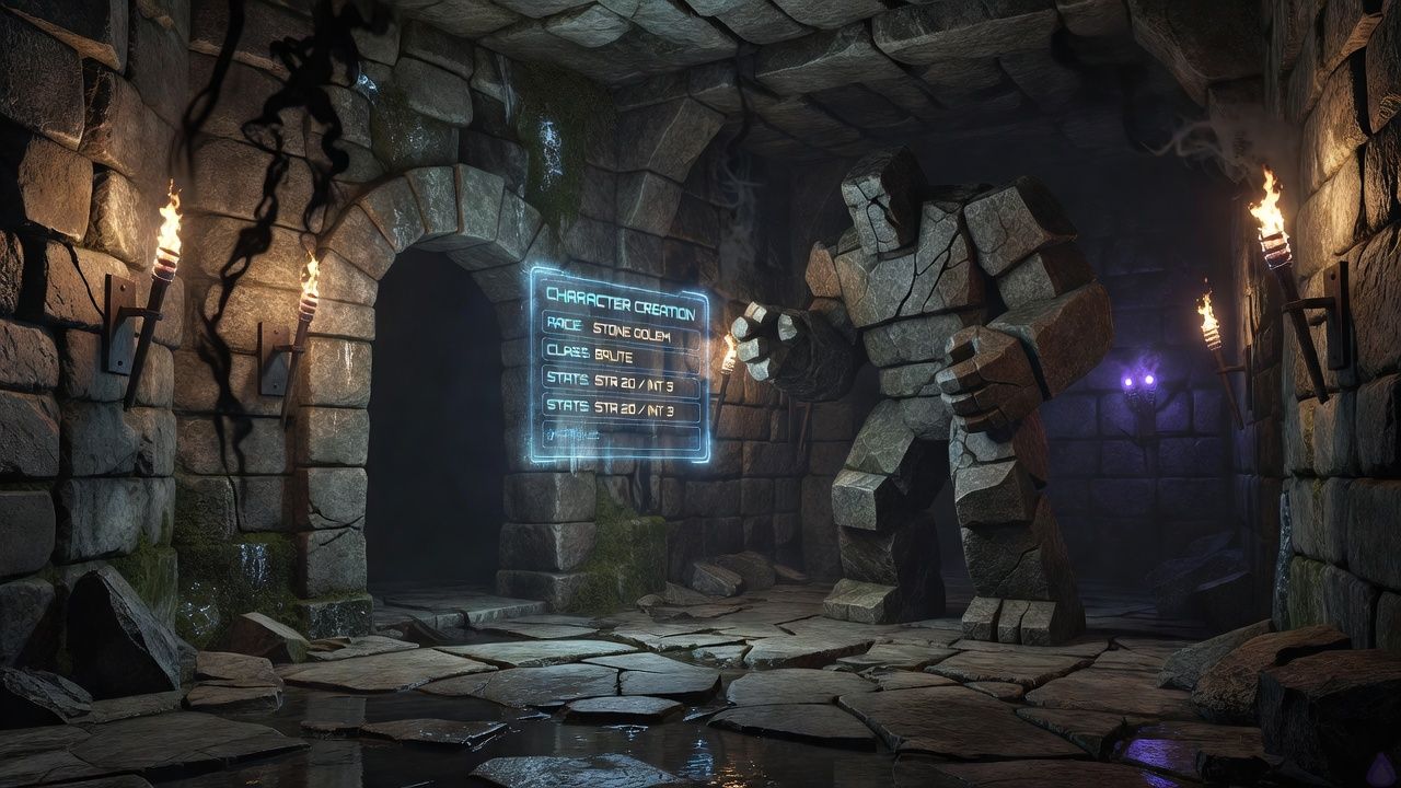 A cold underground dungeon chamber lit by a faint translucent game menu hovering in front of a disoriented protagonist on bare stone floor, the figure sitting up with fear and determination. Brick, a large sarcastic stone golem with cracked rocky surface, stands nearby guarding the entrance to a dark tunnel. Moody blue-gray lighting, damp walls, gritty stone textures, tense body language, no weapons or inventory visible, ominous magical system interface glowing in the air, cinematic fantasy atmosphere, emotional stakes, survival tension, realistic detail.