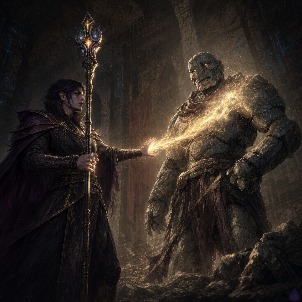 A tense fantasy dungeon landing lit by a cracked blue system interface and a glowing magical staff. The protagonist, a half-elf half-orc with athletic build, slips a radiant ring onto their finger and raises a jeweled staff that shines with white, gold, and blue light. Energy streams from the staff to Brick, a cracked stone golem standing protectively nearby, visibly healing a fracture in his shoulder as dust and stone fragments knit back together. The setting is a narrow underground passage with rough stone walls, a broken mechanical sentinel wreckage on the floor, sparks, rust stains, and a dark corridor beyond. Mood is suspenseful and triumphant, with Brick looking surprised but guarded, and the protagonist focused and newly empowered. Cinematic lighting, cold stone textures, subtle magic glow, dynamic body language, high detail, no explicit nudity.
