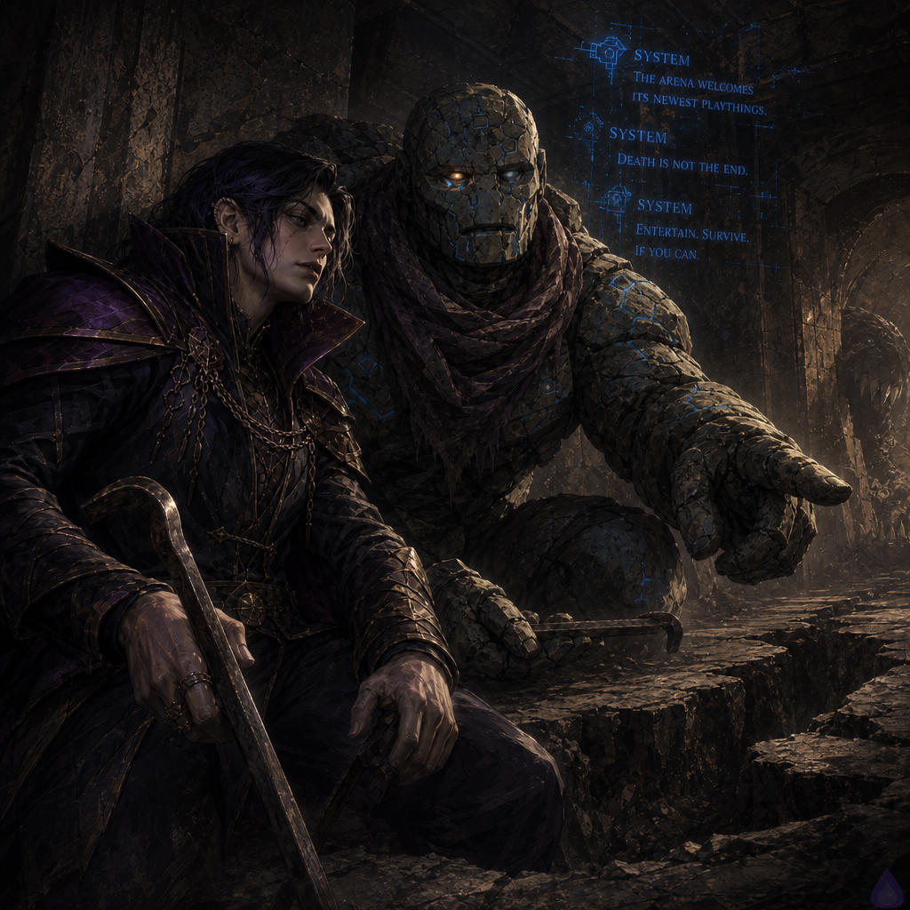 A cold underground dungeon chamber lit by a broken hovering blue class interface, with fractured translucent shards and static sparks. The protagonist stands close beside Brick, a cracked stone golem with a massive protective posture, both facing a narrow hidden seam in the wall that opens into a dark side passage. The protagonist holds a short ugly pry-bar and looks bruised but determined; Brick is scarred with fresh and old cracks, dust leaking from his shoulder. Mood is tense, wary, and intimate in a non-romantic way, with uneasy trust and imminent danger. Dim wet stone floor, rough cave walls, faint red and blue light from the damaged system screen, drifting dust, and the unseen threat of something large moving in the darkness beyond. Cinematic fantasy atmosphere, medium detail, dramatic shadows, no gore, no nudity.