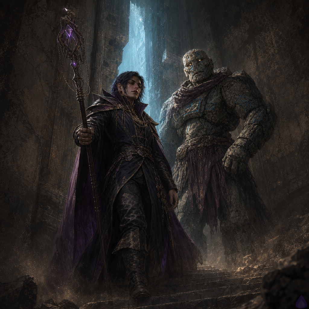 A tense fantasy dungeon chamber carved from cold stone, lit by eerie blue light and the warm glow of a magic staff held by a half-elf half-orc protagonist. The protagonist wears a ring with a pulsing magic shard, standing beside Brick, a large cracked stone golem who has just been magically repaired around one shoulder. Both are descending toward a newly opened hidden passage and stairway beneath a sealed arch. The setting includes old iron rails, broken sigils, dust in the air, and faint mechanical mechanisms embedded in the walls. Mood is suspenseful but hopeful, with cautious triumph and the feeling of a dungeon revealing a secret path. Show the protagonist alert and determined, staff extended, while Brick stands protectively at their side, wary and grounded. Cinematic composition, detailed stone textures, magical highlights, dramatic shadows, medium close to wide shot.