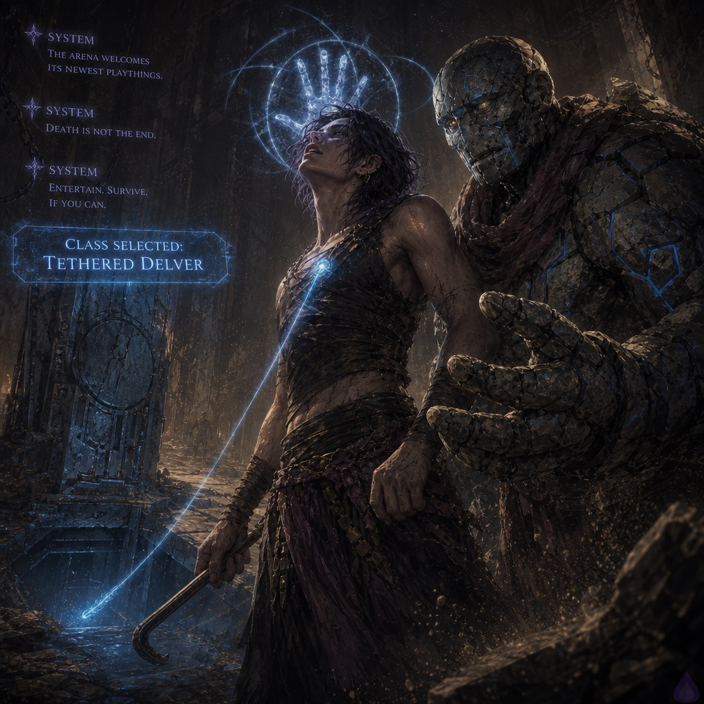 A dark underground dungeon landing lit by cracked blue system light, with a translucent game interface hovering in front of a disoriented bare protagonist holding a short pry-bar. Brick, a cracked stone golem with dust leaking from his shoulder, stands close beside the protagonist in a protective, wary stance. The class icon glows behind the protagonist’s eyes as a pale hand-wrapped-in-light sigil, and a tense, unseen magical interface effect pulses in the air. A narrow stone passage slopes downward beside a freshly shifted slab, with a faint mechanical threat hinted in the shadows ahead. Mood is suspenseful, cold, and intimate in a non-romantic way, with harsh stone textures, damp walls, blue-white UI glow, and the oppressive sense that the dungeon is listening.