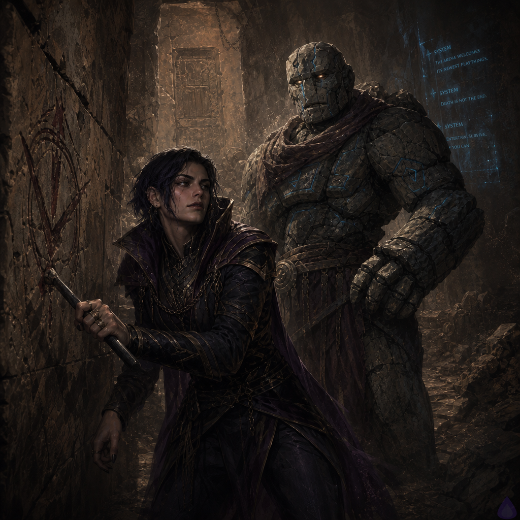 A tense fantasy dungeon scene inside a narrow stone side passage on the tutorial floor, dim blue light from a broken translucent system interface behind the characters, cold damp walls with scratches and carved warning marks, a cracked stone golem named Brick standing protectively close behind and beside the protagonist, who is bare-armed and holding a short iron pry-bar with both hands, cautious body language, low ceiling opening into a cramped landing, a fresh shifted slab on the far side, subtle metallic mechanism tension, moody shadows, wet stone floor, dust in the air, anxious but focused expressions, no gore, cinematic lighting, immersive underground atmosphere