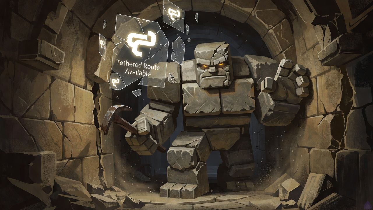 A dim stone dungeon chamber lit by a fractured hovering character interface, with blue-white sparks and broken translucent panels floating in the air. The protagonist stands very close beside Brick, a cracked stone golem with broad shoulders and a stern, protective posture, both facing a narrow hidden seam in the wall beneath a broken arch. The protagonist holds a short metal pry-bar at the ready, body tense but anchored by Brick’s presence. Cold damp stone, dust in the air, faint dark tunnel beyond, and subtle ominous glow from the damaged UI. Mood is tense but intimate and protective, with subtle hope amid danger. Cinematic fantasy lighting, high detail, no gore, no nudity.