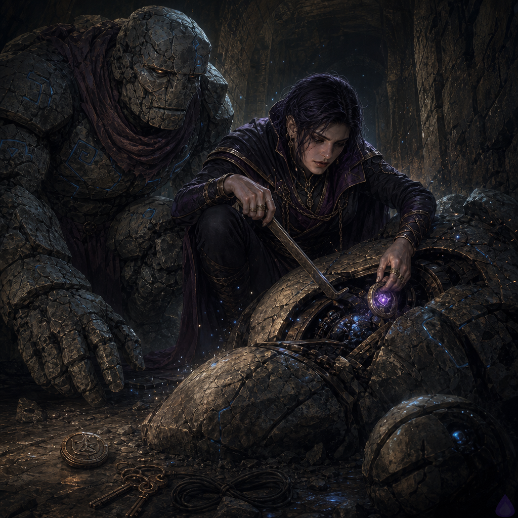 A tense fantasy dungeon scene inside a narrow stone passage lit by cold blue System light and faint sparks from a broken mechanical guardian. The protagonist, a half-elf half-orc with an athletic build, crouches over the split-open belly of a wrecked iron sentinel, collecting loot from a cramped maintenance cavity: a ring set with a glowing magic shard, a short jeweled staff, copper keys, a coil of black cord, and a stamped token. Brick, a cracked stone golem with broad shoulders, stands protectively nearby at the corridor mouth, watching the dark with wary tension. The environment is wet, dusty, and claustrophobic, with broken stone slabs, metal shards, and a hidden passage opening into deeper shadow. Mood is suspenseful, dangerous, and intimate in a survival-adventure way, with cold lighting, sharp highlights on metal and stone, and both characters alert and ready to move.