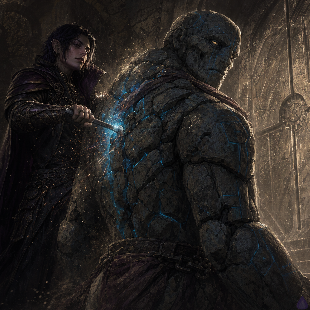 A narrow underground dungeon landing lit by cracked blue System light. Protagonist, a half-elf half-orc with a strong athletic build, stands very close behind Brick, a cracked stone golem guide with dust leaking from one shoulder. The protagonist smiles with wary confidence while sharpening a short pry-bar crowbar against the rough stone ridges on Brick's back, sparks and tiny flecks of stone visible at the contact point. Brick looks over one shoulder with dry, reluctant approval. The sealed stone slab ahead trembles ominously in the background, and the air feels cold, damp, and tense. Dark corridor, wet stone walls, faint magical interface glow, cinematic fantasy mood, suspenseful body language, realistic details, no explicit nudity.