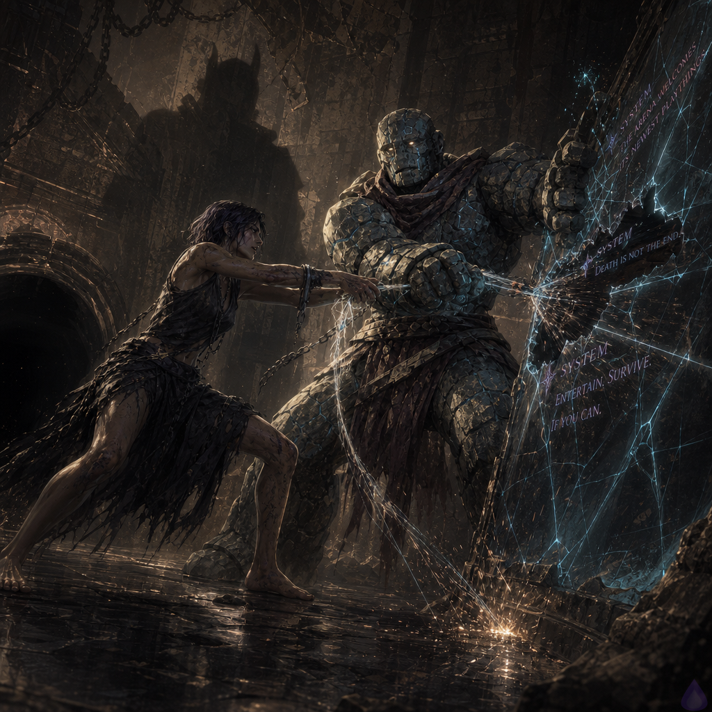 A tense fantasy dungeon chamber lit by cold blue system light and flickering sparks. A translucent hovering character-creation screen is visibly shattered, with jagged glowing cracks and blue energy spilling from torn filament-like wires. The protagonist, bare-footed and disoriented, reaches into the broken interface with urgent determination. Brick, a cracked stone golem with a broad, heavy build, stands beside the shattered screen, one massive hand braced on it, his posture protective and alert. The stone floor is damp and reflective, the tunnel behind them dark and ominous. The mood is dangerous, immediate, and uncanny, with shock, urgency, and the sense that unseen forces are watching.