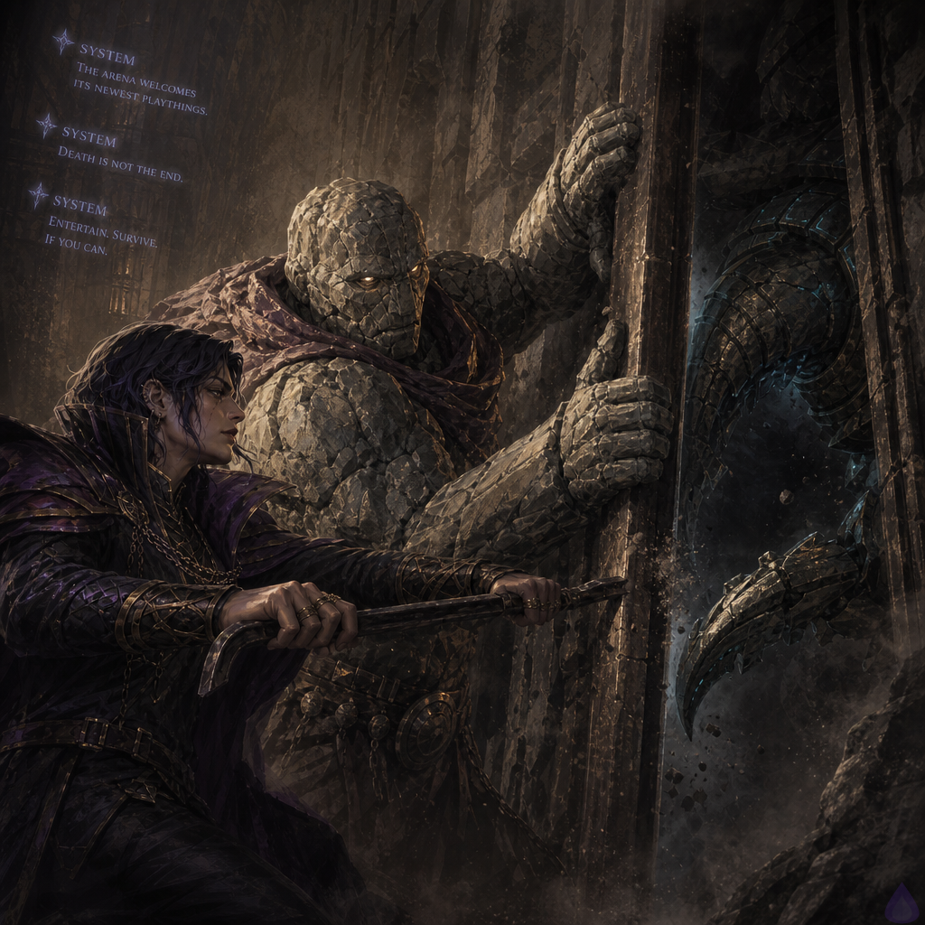 A tense fantasy dungeon landing lit by cracked blue system light, featuring the half-elf half-orc protagonist with athletic build holding a sharpened crow-bar beside Brick, a cracked stone golem with massive hands. They are shoulder to shoulder in a narrow stone passage, drawing out a hidden iron sentinel behind a partially opened slab in the wall. The mood is suspenseful and dangerous, with dust in the air, cold damp stone, faint sparks from metal scraping metal, and ominous darkness beyond the opening. Brick is bracing the wall with both hands, while the protagonist leans forward in a ready stance, focused and determined. The shattered translucent system interface flickers overhead with cold blue glow, and the atmosphere feels like a trap about to spring.