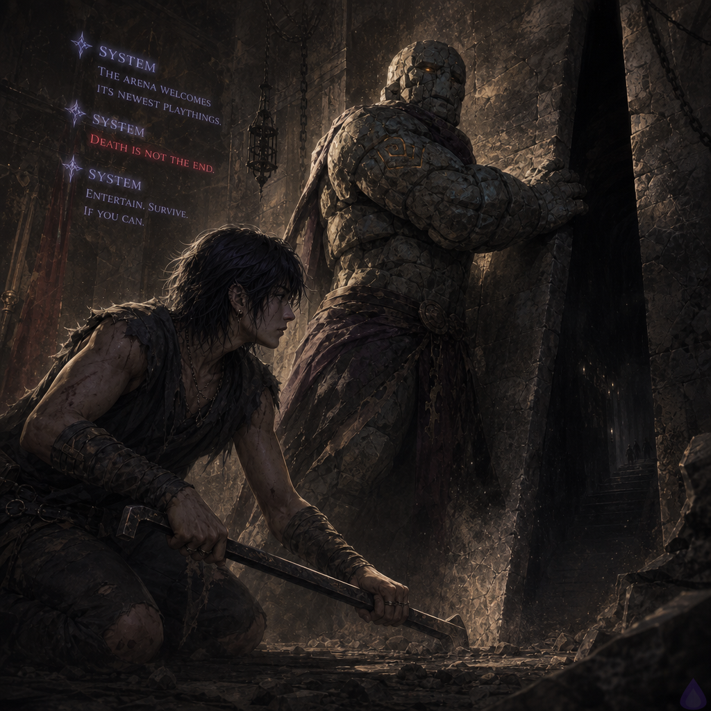 A dim dungeon tutorial chamber carved from cold stone, with a broken translucent game interface flickering overhead in blue-white shards. The protagonist, bare-footed and disoriented, kneels near a cracked wall holding a crude iron pry-bar they have just found. Brick, a cracked stone golem with a broad, heavy build, stands protectively beside a narrow hidden seam in the wall, one arm braced against shifting masonry. Dust hangs in the air, and a sinister dark tunnel looms in the background. The mood is tense and urgent, lit by cold magical light and faint red warning glow from the ruined system screen. Emphasize wary trust, imminent danger, and the sense of a hidden passage opening into deeper darkness.