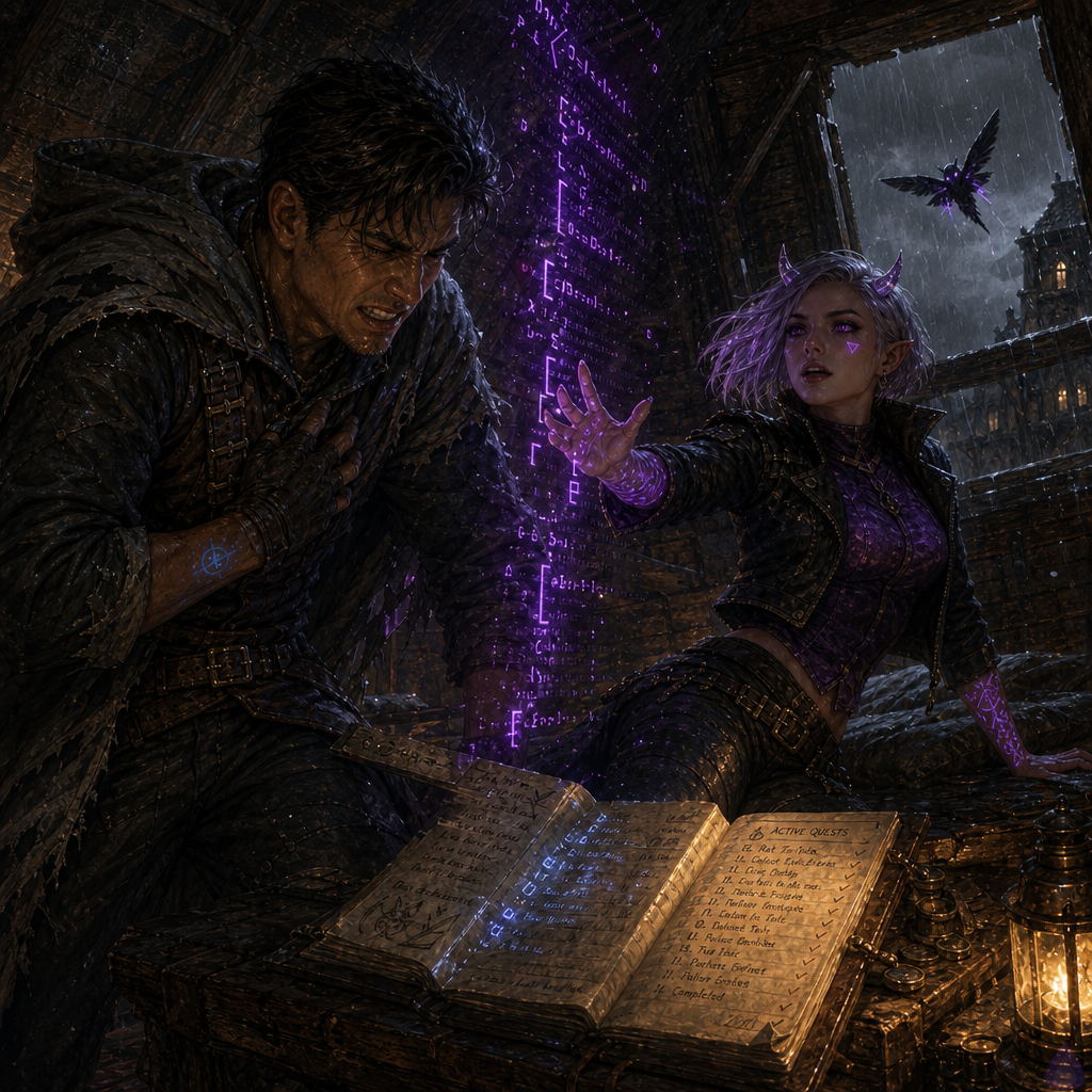 A tense fantasy LitRPG attic scene at rainy dawn, warm lamplight and blue-gold magical ledger glow. Slick, a lean warm sienna brown-skinned young man with messy dark espresso undercut, hazel-green eyes, eyebrow scar, patched gray cloak and leather jerkin, stands beside a small table with an open glowing quest ledger, one hand pressed to his chest in pain. Mira Patchnote, a slender athletic humanoid gremlin woman with cool porcelain skin, neon violet eyes, silver-lavender asymmetrical bob, small translucent quartz horns, glowing cursor-shaped beauty mark under her right eye, cropped black mage jacket and violet tunic under a weatherproof cloak, sits upright on a bedroll, wounded and furious, violet error-code tattoos frozen into sharp bracket shapes along her forearms. Between them floats a thin violet magical bracket like a barrier. A tiny black moth made of punctuation marks flies through a rippling rain-streaked window. Mood: intimate tension, regret, magical backlash, fragile partnership under strain, cozy attic contrasted with dangerous system magic.