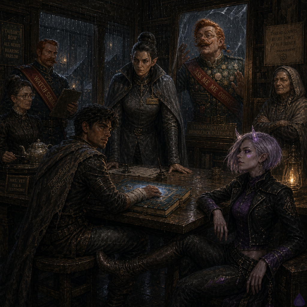 A rain-soaked fantasy LitRPG hearing inside a cramped tailor’s parlor on Tailor’s Row, cinematic medium-wide composition. Slick, a lean mid-20s man with warm sienna brown skin, messy dark espresso undercut, hazel-green eyes, thin scar through left eyebrow, patched gray cloak and bandaged hand, sits at a trestle table with a glowing blue-gold bound ledger. Beside him sits Mira Patchnote, feminine late-20s, cool porcelain skin with violet undertones, silver-lavender asymmetrical bob tucked behind one pointed ear, small translucent quartz horns, neon violet eyes, cursor-shaped beauty mark under right eye, black cropped mage jacket over violet tunic, weatherproof cloak around her shoulders, faint animated violet error-code tattoos along her forearms; her boot subtly touches Slick’s under the table. Across from them stands Auditor Vale, tall and severe in a rain-gray mantle with a silver eye-and-ledger clasp, unreadable expression. Behind her floats a standing mirror showing Brindlejack Tallyhorn, early-40s fair freckled man with copper-red oiled hair, curled handlebar mustache, brass spectacles, many badges, forest-green officer coat and red sash reading ASK ME ABOUT APPELLATE REMEDIES. Around the room are anxious tenants, Mrs. Vey with silver hair and dark shawl guarding tea, Mother Malla with iron-gray braids and flour apron, and the Watch Sergeant holding a black register. Mood tense, legal, magical, rain-streaked windows, warm lamplight, blue civic glow from ledger, greenish mirror light from Brindlejack, high detail, expressive body language.