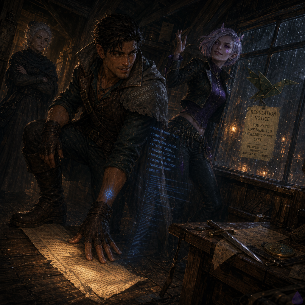 Fantasy LitRPG attic room above Tailor’s Row during a rainy evening, warm lamplight and blue system glow. Slick, a lean mid-20s man with warm sienna brown skin, bright hazel-green eyes, dark espresso swept-back undercut, thin scar through left eyebrow, starter leather jerkin with mismatched bronze buckles, patched gray cloak, and glowing blue wrist sigil, pins a nearly invisible crawling parchment strip under one boot while standing beside a table with a balanced street-rapier. Mira Patchnote, feminine late-20s with cool porcelain skin faint violet undertones, neon violet eyes, silver-lavender asymmetrical bob, small translucent quartz horns, cursor-shaped glowing beauty mark under right eye, animated error-code tattoos on forearms, cropped black mage jacket and glowing-soled boots, stands near the rain-streaked window with a sharp pleased expression. Mrs. Vey, stern elderly tailor with silver hair, dark shawl, and bone needle, watches from the doorway. On the table rests a brass-edged audit token and a folded green parchment bird with wax seals. Mood tense, clever, intimate partnership under pressure, cozy cramped room contrasted with bureaucratic magical threat.